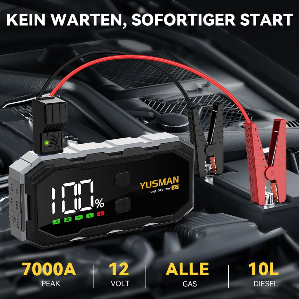 YUSMAN Starthilfe Powerbank für PKW | 6000A Autobatterie Booster für alle Fahrzeuge & 10.0L Diesel mit LED-Taschenlampe, Großdisplay & Springkabel – Ideal für SUV, Motorräder, Rasenmäher