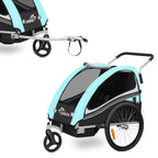 SAMAX Fahrradanhänger Jogger 2in1 360° drehbar Kinderanhänger Kinderfahrradanhänger Transportwagen vollgefederte Hinterachse für 2 Kinder in Türkis - Black Edition