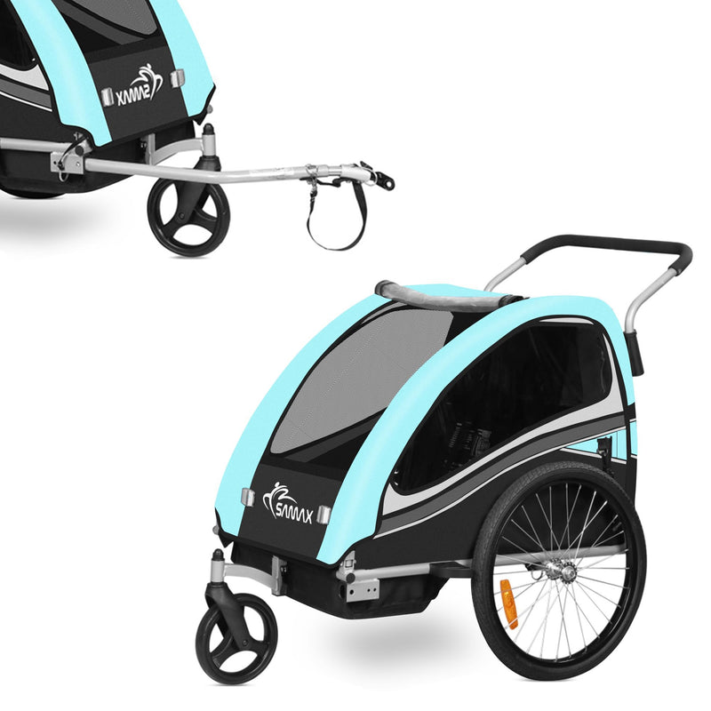 SAMAX Fahrradanhänger Jogger 2in1 360° drehbar Kinderanhänger Kinderfahrradanhänger Transportwagen vollgefederte Hinterachse für 2 Kinder in Türkis - Black Edition