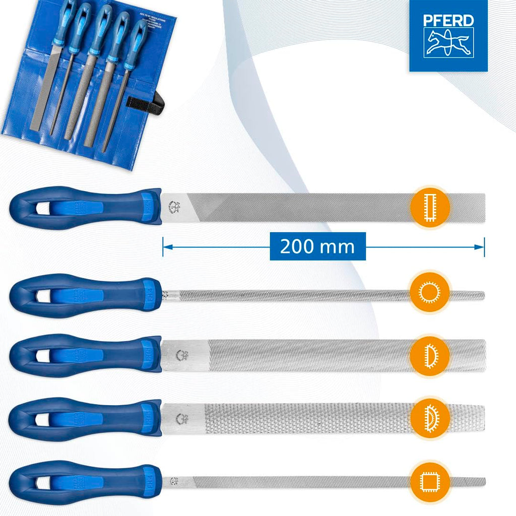 PFERD TOOLS Werkstattfeilen-Set in PVC-Rolltasche, 5 Feilen, 200mm, 11800520 - für ein umfassendes Anwendungsspektrum geeignet