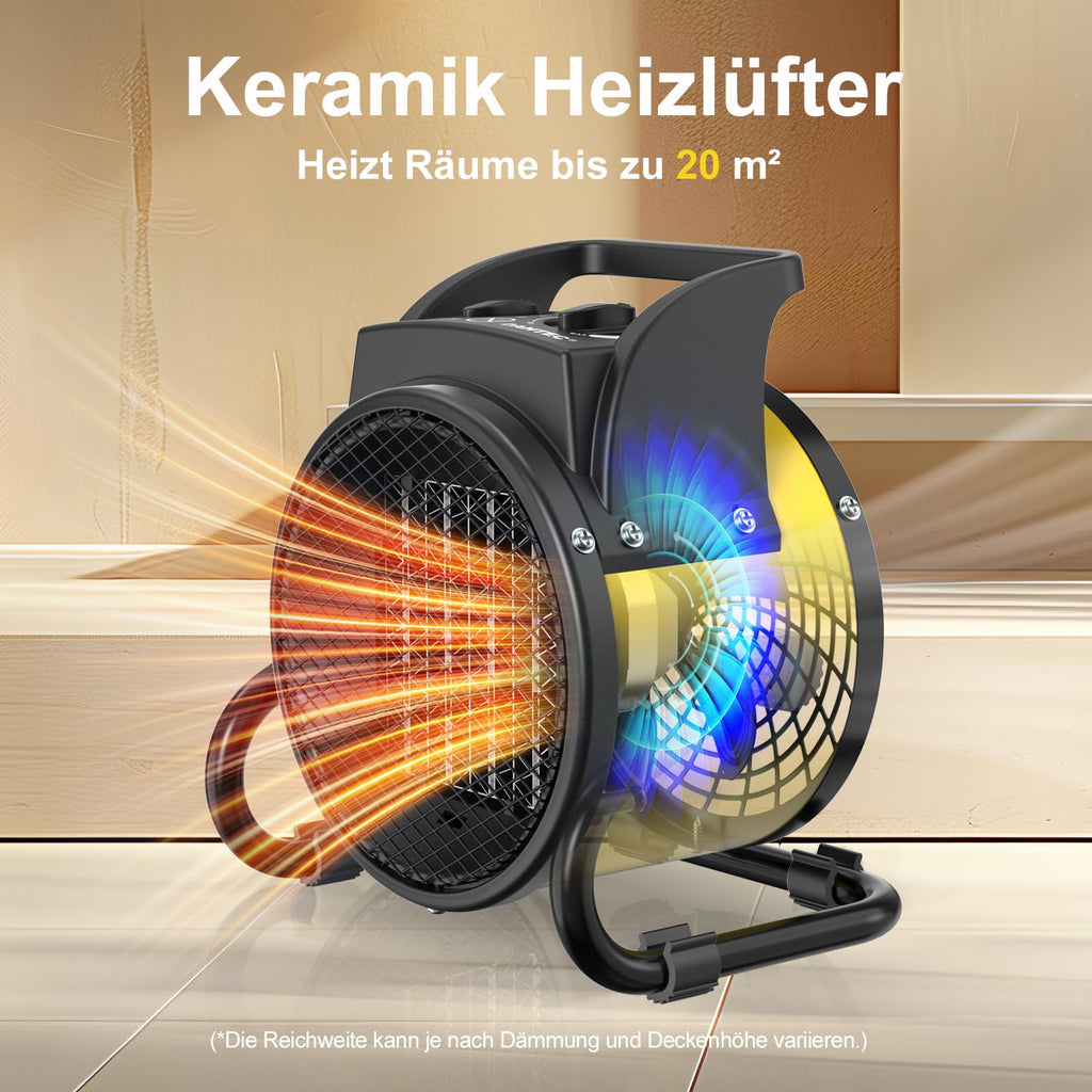 DAHTEC Heizlüfter 2000 Watt Keramik Heizstrahler Elektroheizer Bauheizer Bautrockner mit Thermostat Heizgerät mit 3 Heizstufen für Baustellen, Hausgebrauch, Werkstatt,Garage