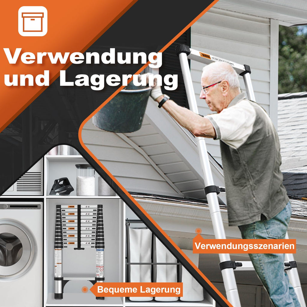 HBTower Teleskopleiter 3,8 m aus Aluminium, Klappbare Ausziehleiter mit Rutschfesten Füßen, Robust & Tragbar, Tragkraft 150 kg, Ideal für Dachrinnenreinigung & Außenreparaturen, Silber