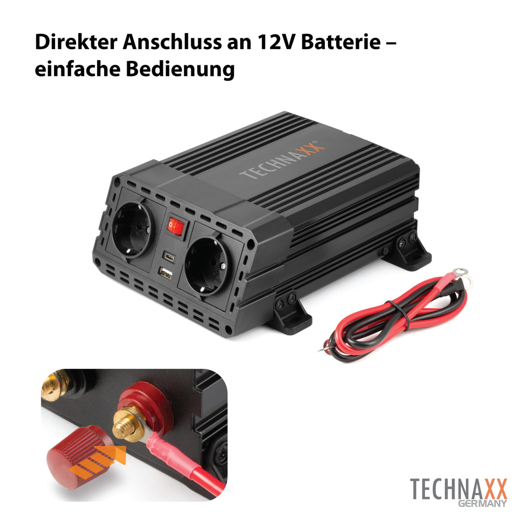 Technaxx KFZ Wechselrichter 12V auf 230V - TÜV Rheinland zertifiziert Auto Inverter mit 2x Schuko-Stecker und 2x USB-Port - Power 600W / 1200W (Spitze) – Spannungswandler TE19