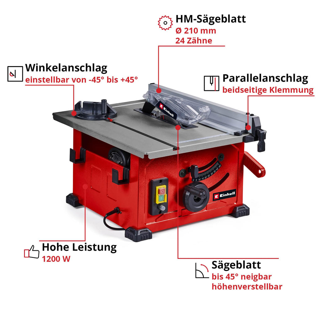 Einhell Tischkreissäge TC-TS 8 (1200 Watt, 45 mm Schnitthöhe, Ø 210 mm Sägeblatt, Winkelanschlag, Parallelanschlag, Absauganschluss im Gehäuse)