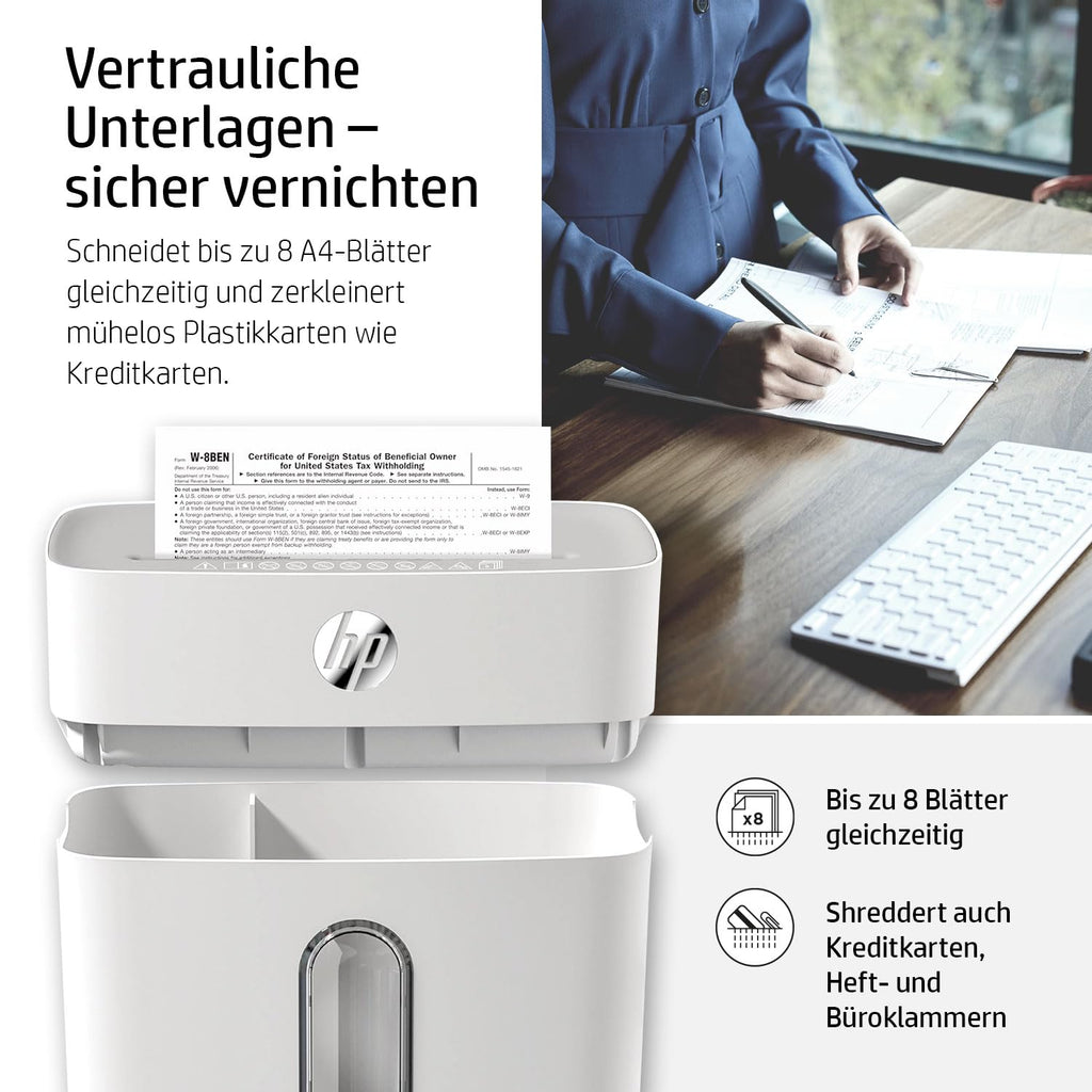 HP OneShred 8CC Aktenvernichter P4 | Schredder Aktenvernichter mit Cross Cut Partikelschnitt | Papierschredder für Zuhause & Büro | 8 Blatt Schnittleistung | Shredder Papier mit 15L Auffangbehälter