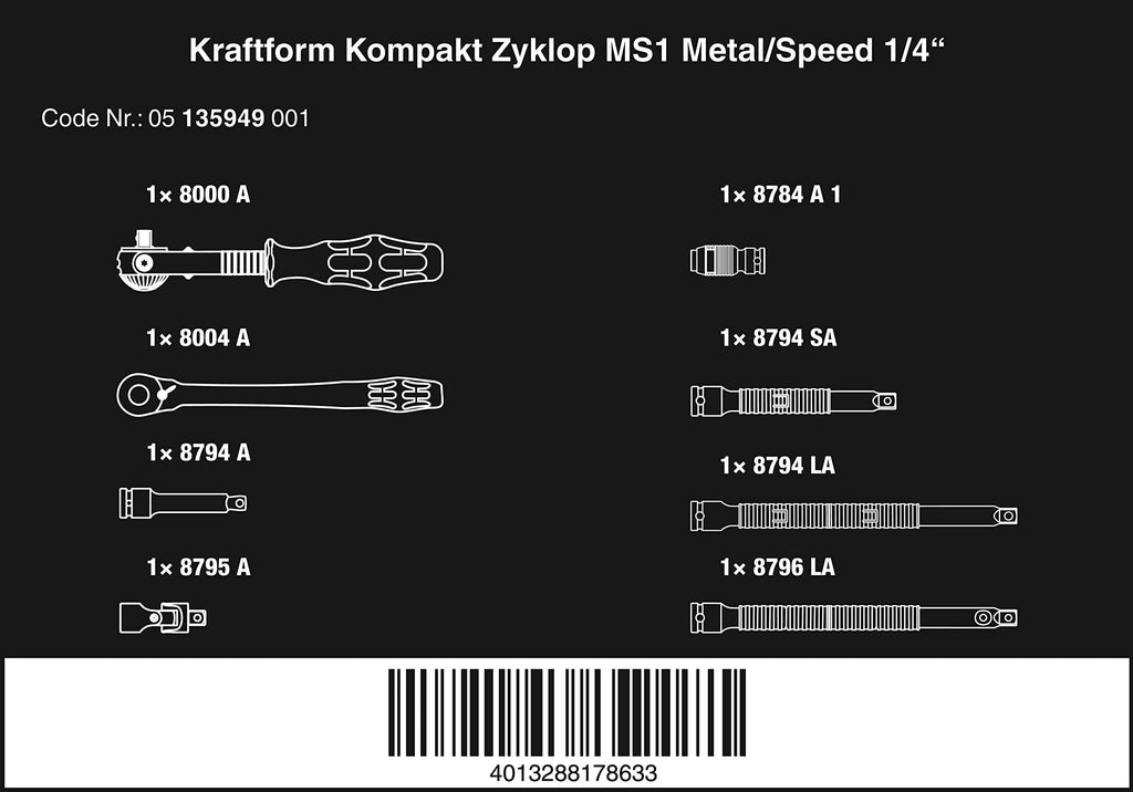 Wera 05135949001 Kraftform Kompakt Zyklop MS1 Metal/Speed 1/4 Zoll, 8-teilig, 8 Stück, Farbig, One Size