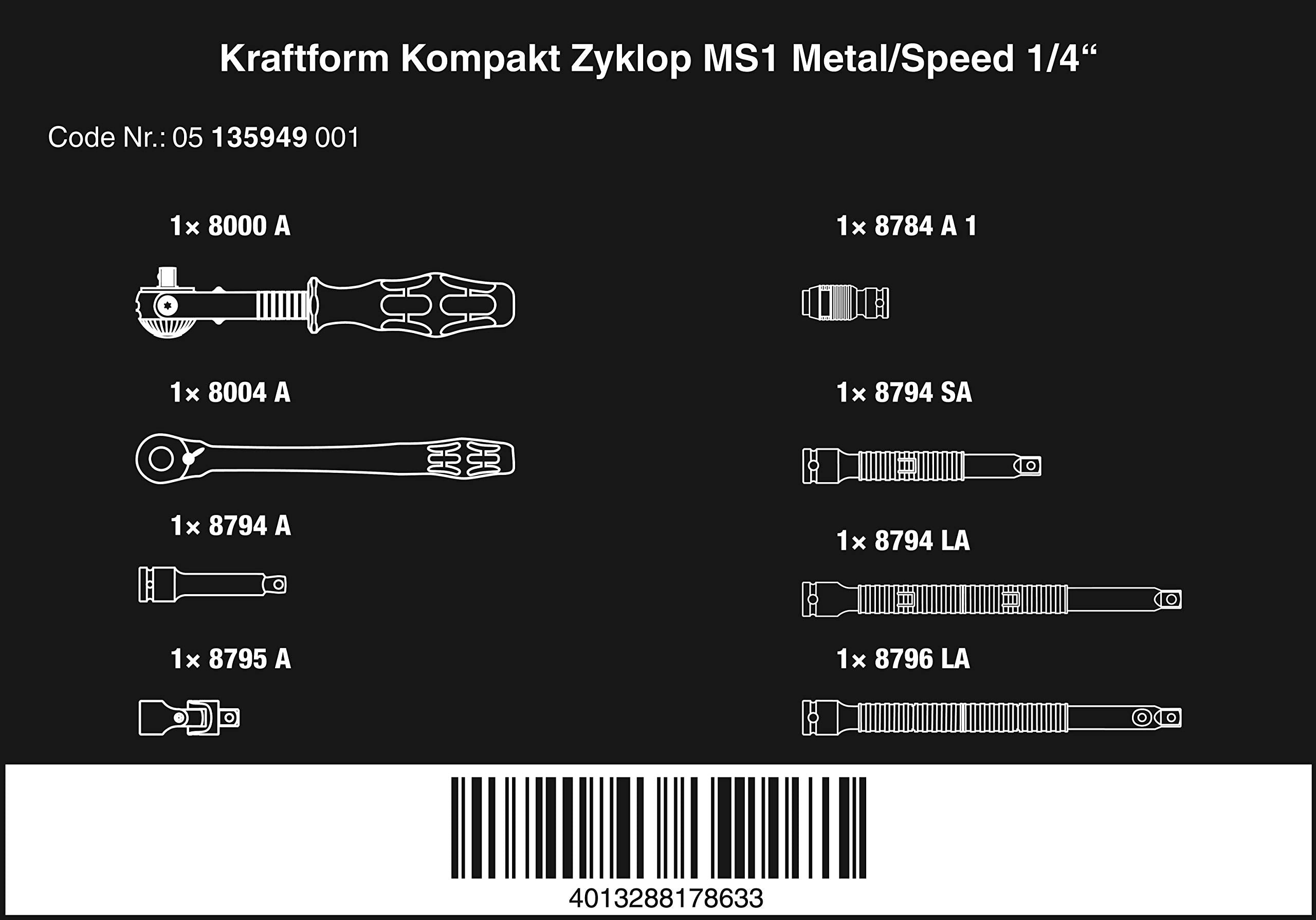 Wera 05135949001 Kraftform Kompakt Zyklop MS1 Metal/Speed 1/4 Zoll, 8-teilig, 8 Stück, Farbig, One Size