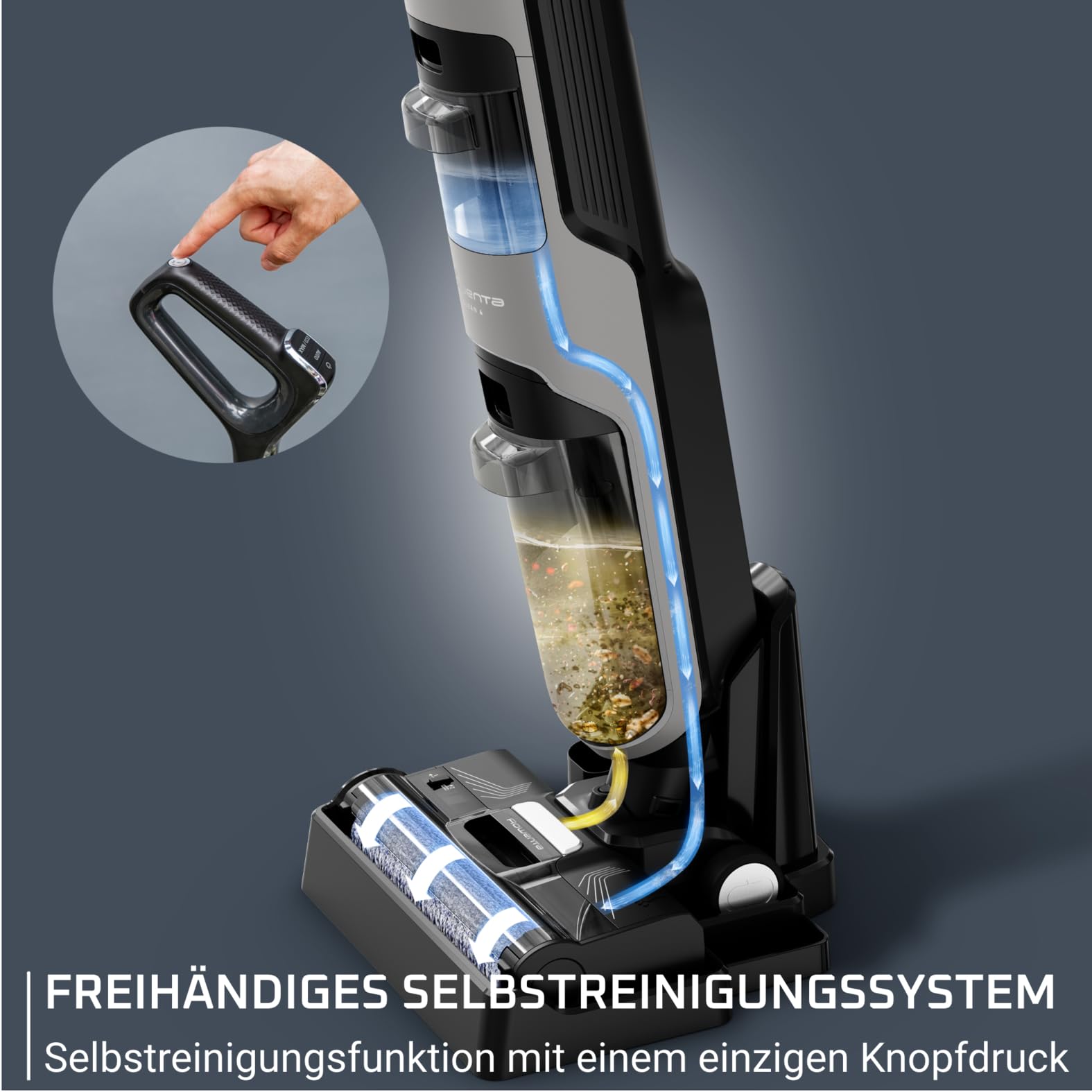 Rowenta X-Clean 4 kabelloser Nass- und Trockenstaubsauger, 2-in-1 Reinigung, 50 Min. Leistung, intelligente Schmutzerkennung, Selbstreinigungssystem, Dunkelgrau, GZ5037WO