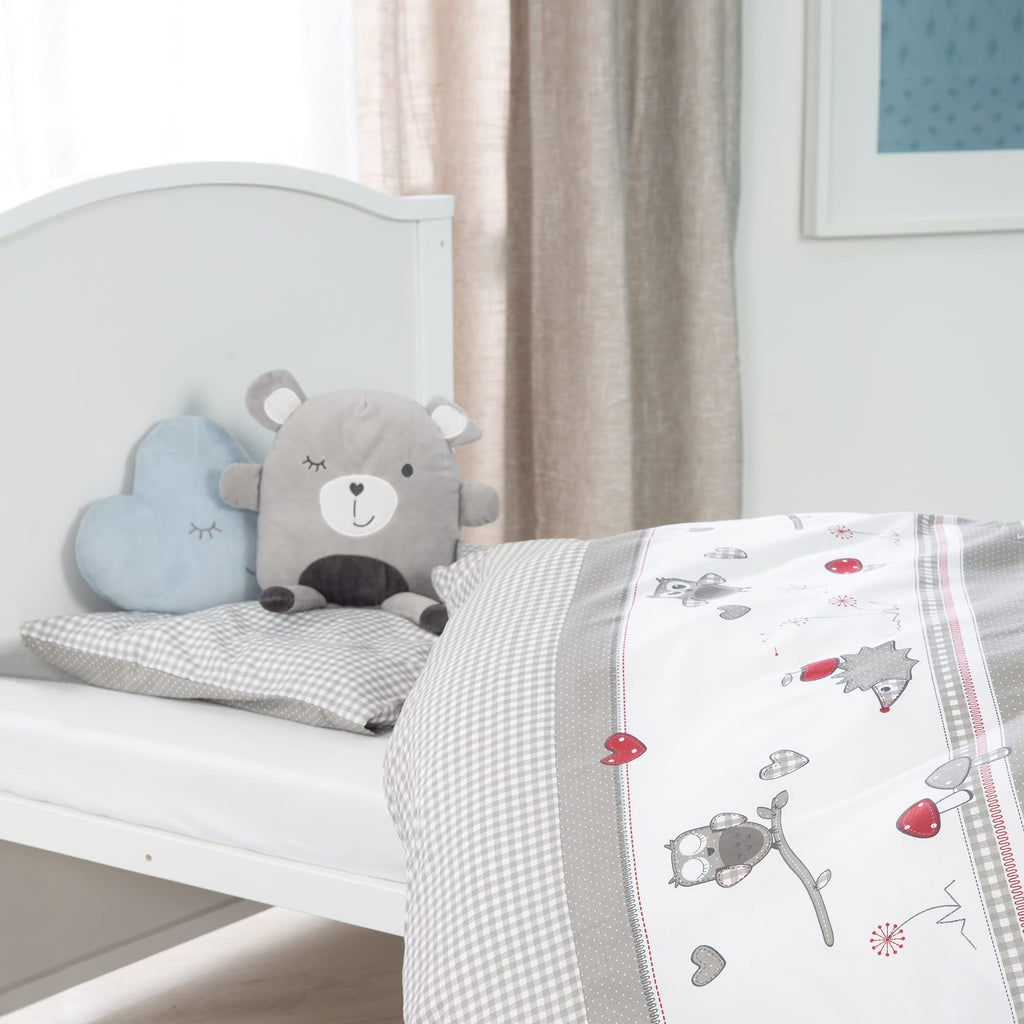 roba Babybett Set Adam & Eule - 70 x 140 cm - Mitwachsendes Kinderbett mit Bettwäsche, Himmel, Matratze - Höhenverstellbar - zu Juniorbett umbaubar - Holz weiß