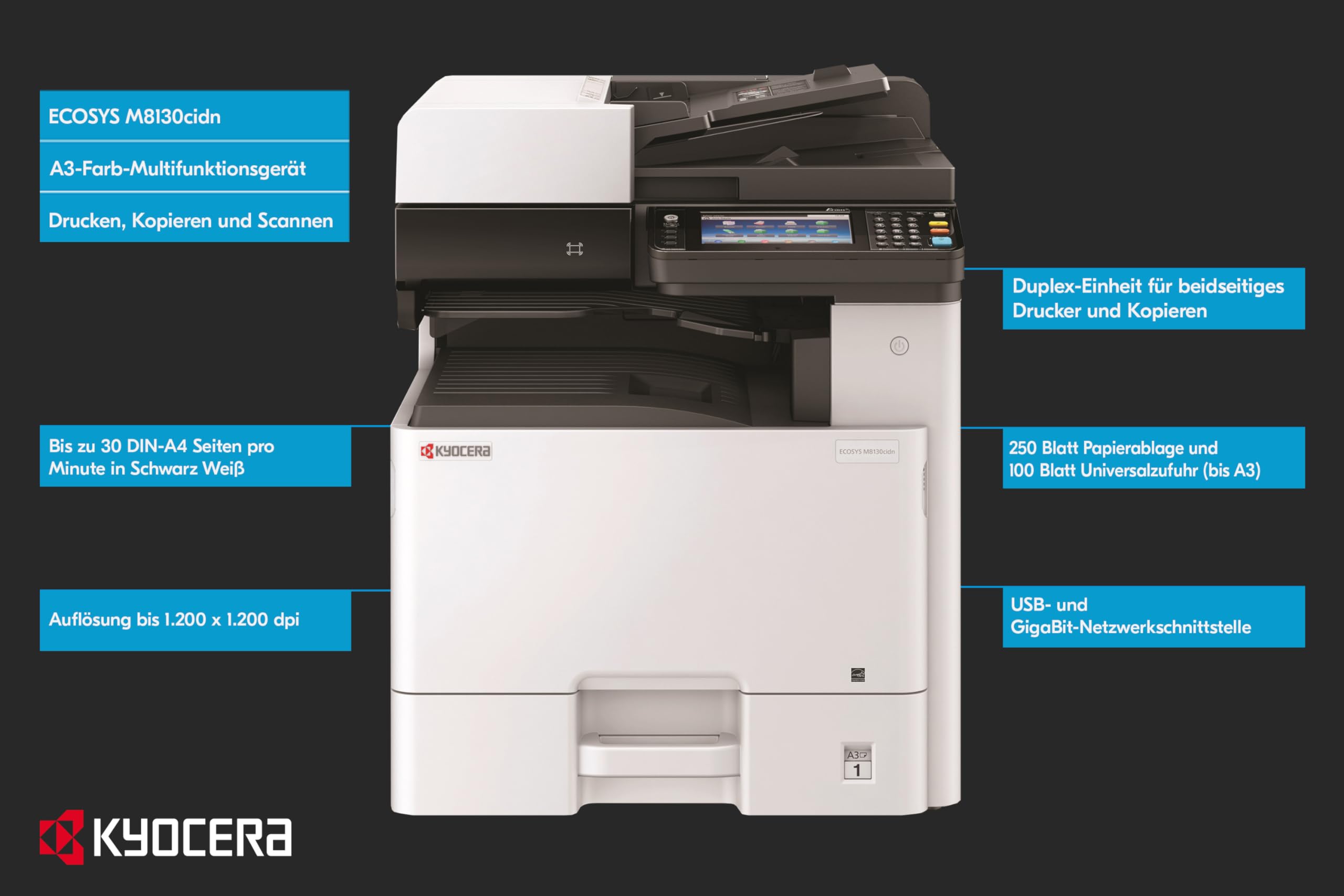 Kyocera Ecosys M8130cidn Farblaserdrucker Multifunktionsgerät mit Touchpanel: Drucker Scanner Kopierer, 30 Seiten pro Minute. Din A3 Drucker Inkl. Mobile-Print-Unterstützung.
