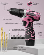 Akkuschrauber 12V Pink Rosa, Akkubohrer Klein, Akku Bohrschrauber Set mit 15 Zubehör und Tasche, 18+1 Drehmomentstufen, 10mm Bohrfutter, 2-Gang, LED-Licht, Leicht Akku Schrauber für Reparatur & DIY