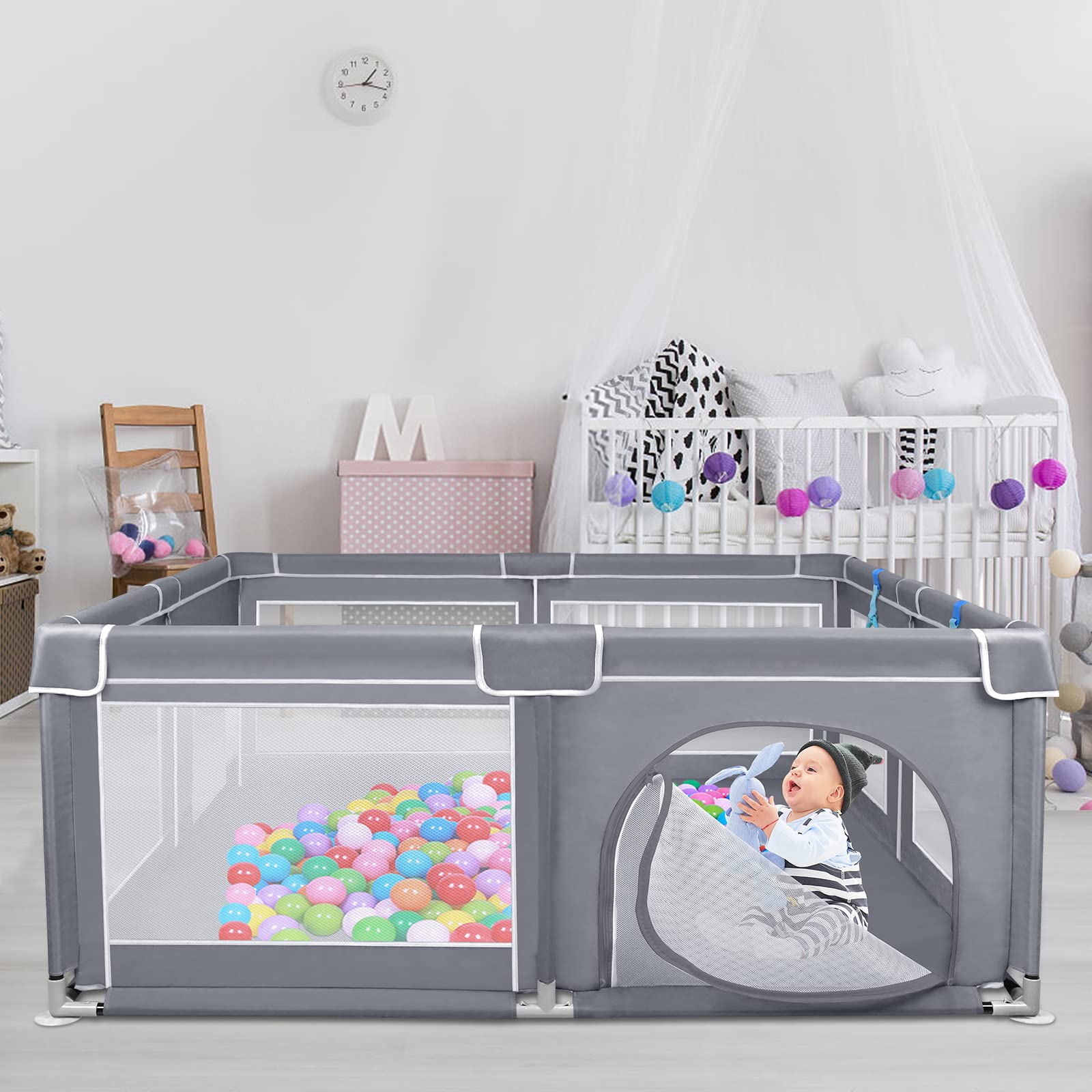 HENGMEI Baby Laufgitter Laufstall Absperrgitter 180x150cm Aktivitätszentrum mit Rutschfester Basis, atmungsaktivem Netz Sicherheitsspielplatz (180x150cm)
