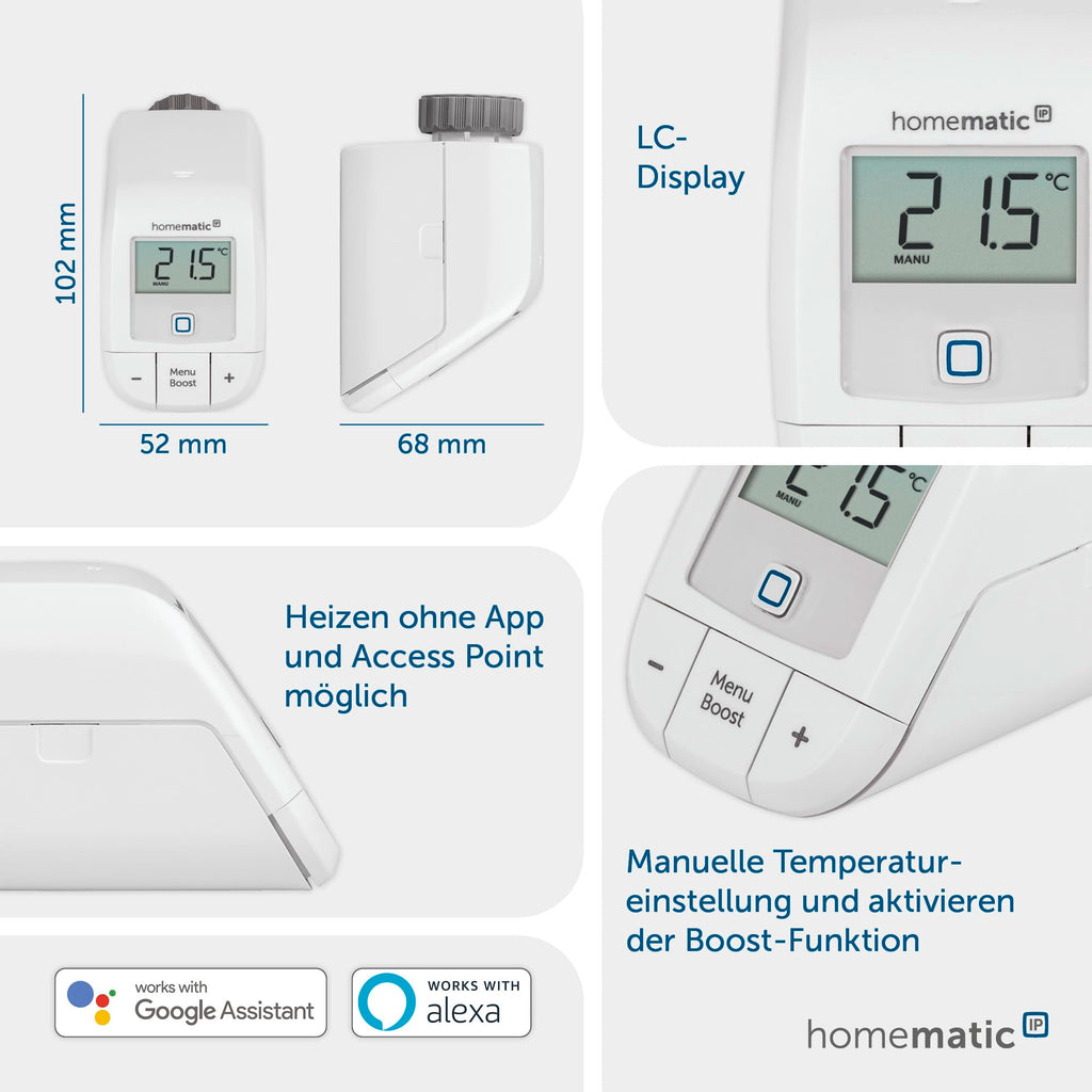 Homematic IP Smart Home Heizkörperthermostat – Basic, digitaler Thermostat Heizung, Steuerung per App, Alexa, Google Assistant, einfache Installation, Energie sparen, 153412A3