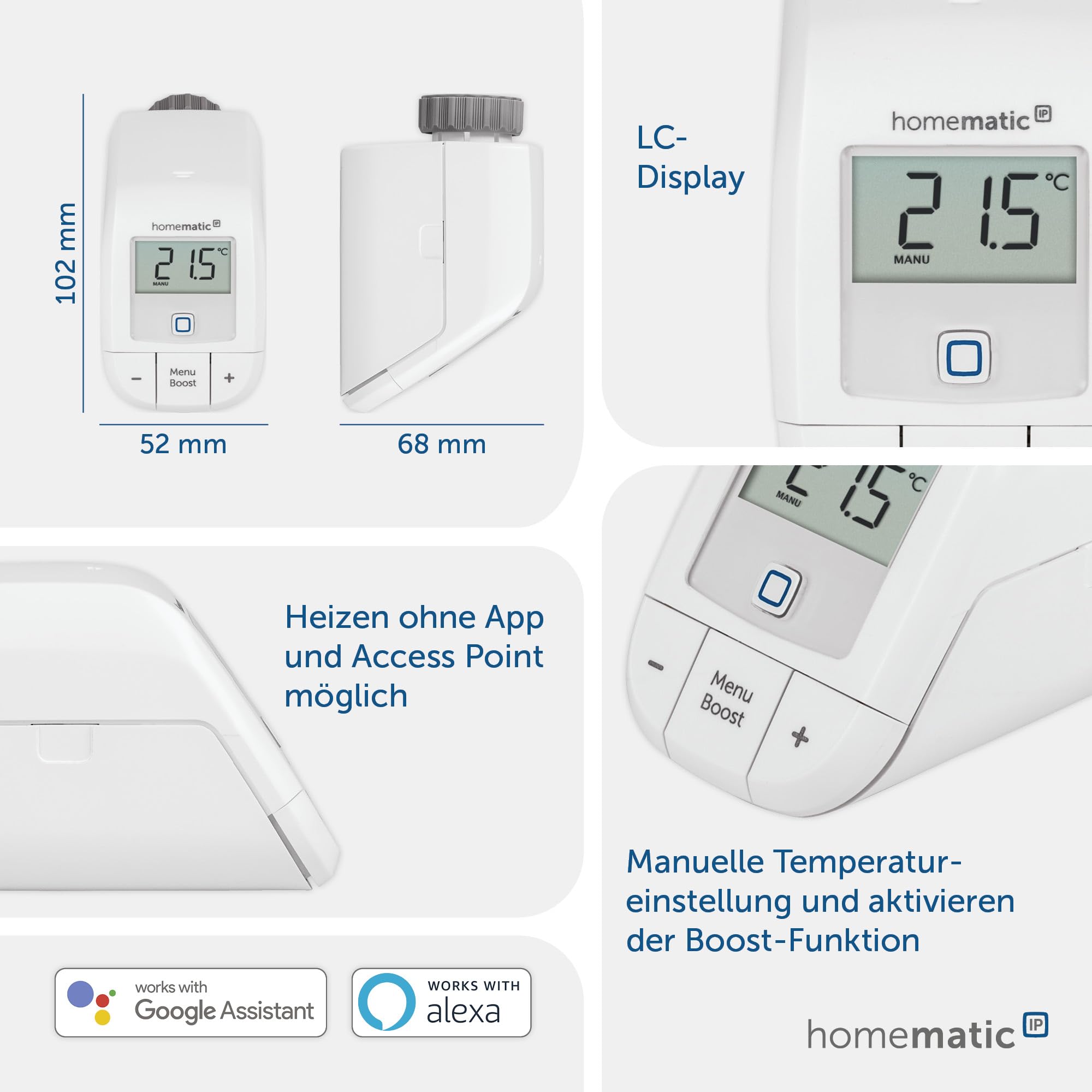 Homematic IP Smart Home Heizkörperthermostat – Basic, digitaler Thermostat Heizung, Steuerung per App, Alexa, Google Assistant, einfache Installation, Energie sparen, 153412A3