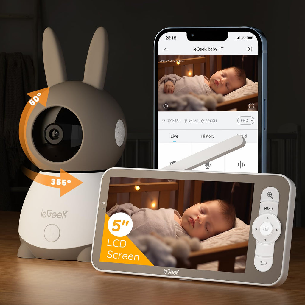 ieGeek Babyphone mit Kamera Top Qualität 2K/3MP, 5 Zoll WLAN Video babyfone PTZ 360°, IR-Nachtsicht, Automatische Verfolgung, Weinen/Bewegungs/Geräuscherkennung, Temperaturanzeige,Mobile App Steuerung