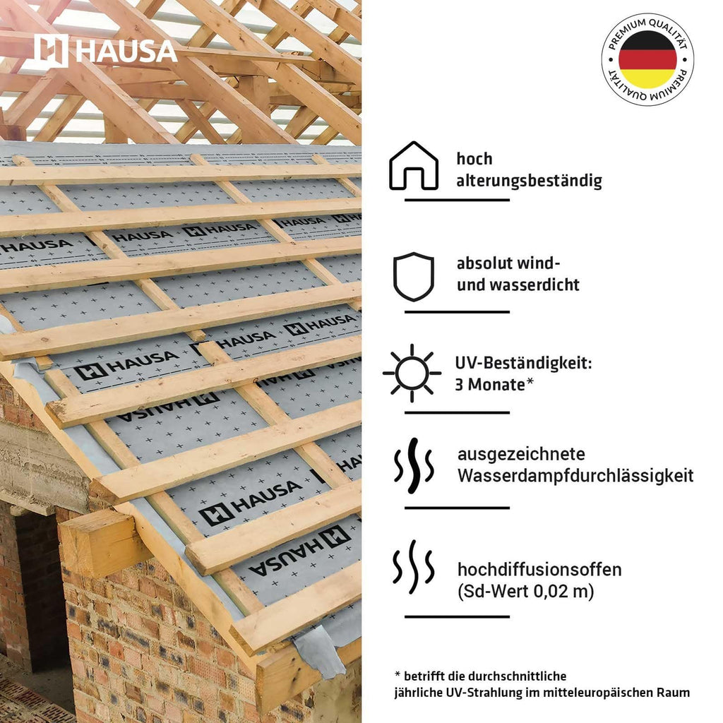 Unterspannbahn 100g/m² flexible dreilagige hochdiffusionsoffene Unterdeckbahn 1,5m x 50m (75m²) reißfest witterungsbeständig ohne Selbstklebestreifen wasserdicht Schalungsbahn HAUSA Classic HU100