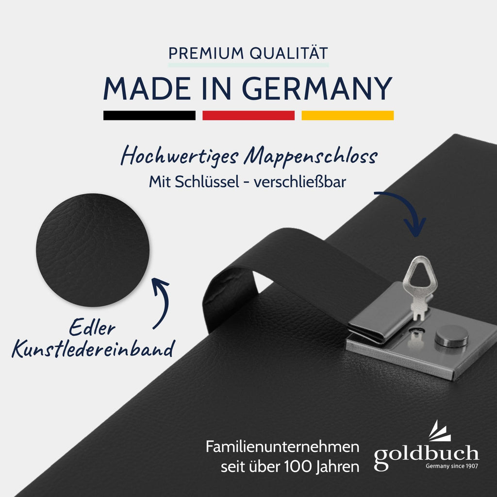 goldbuch Dokumentenmappe, Bologna, 27,5 x 34 cm, Inklusive 5 Sichthüllen, Erweiterbar, Mit Schloss, Kunstleder, Schwarz, 53523