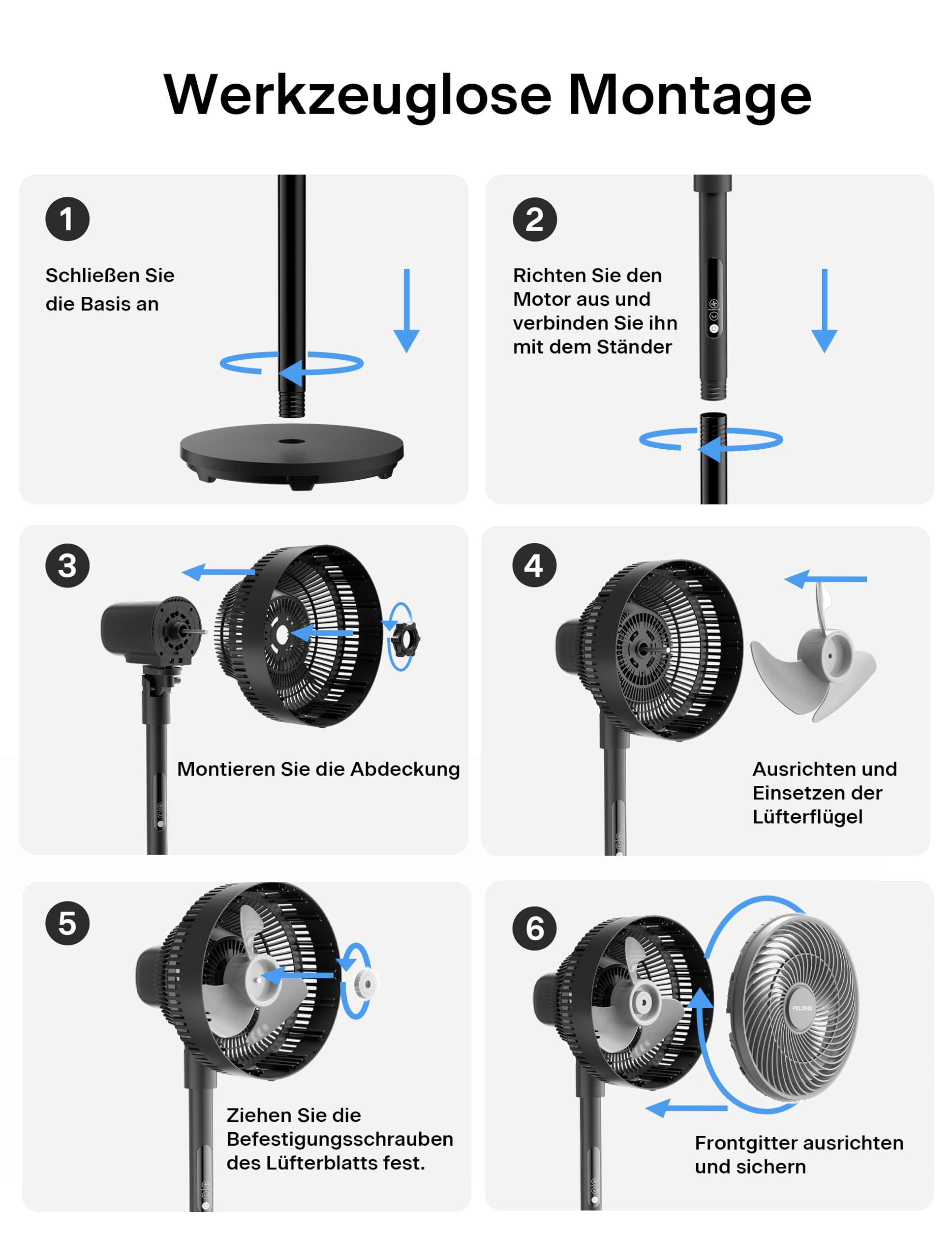 PELONIS Standventilator mit Fernbedienung Touch Display 3D Zirkulation 36.5dB Leise 10m Luftstrom Höhenverstellbar 60/111cm 4 Stufen mit Timer, Abnehmbarer Schutzgitter Rotationslüfter