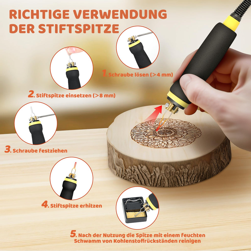 BURNNOVE Holz Pyrographie Set 100W, 100–750°C, Doppel-Pyrographie-Stifte mit LCD-Display, 21 Spitzen, Temperaturregelung, Komplettset für Holz, Leder, Kunsthandwerk