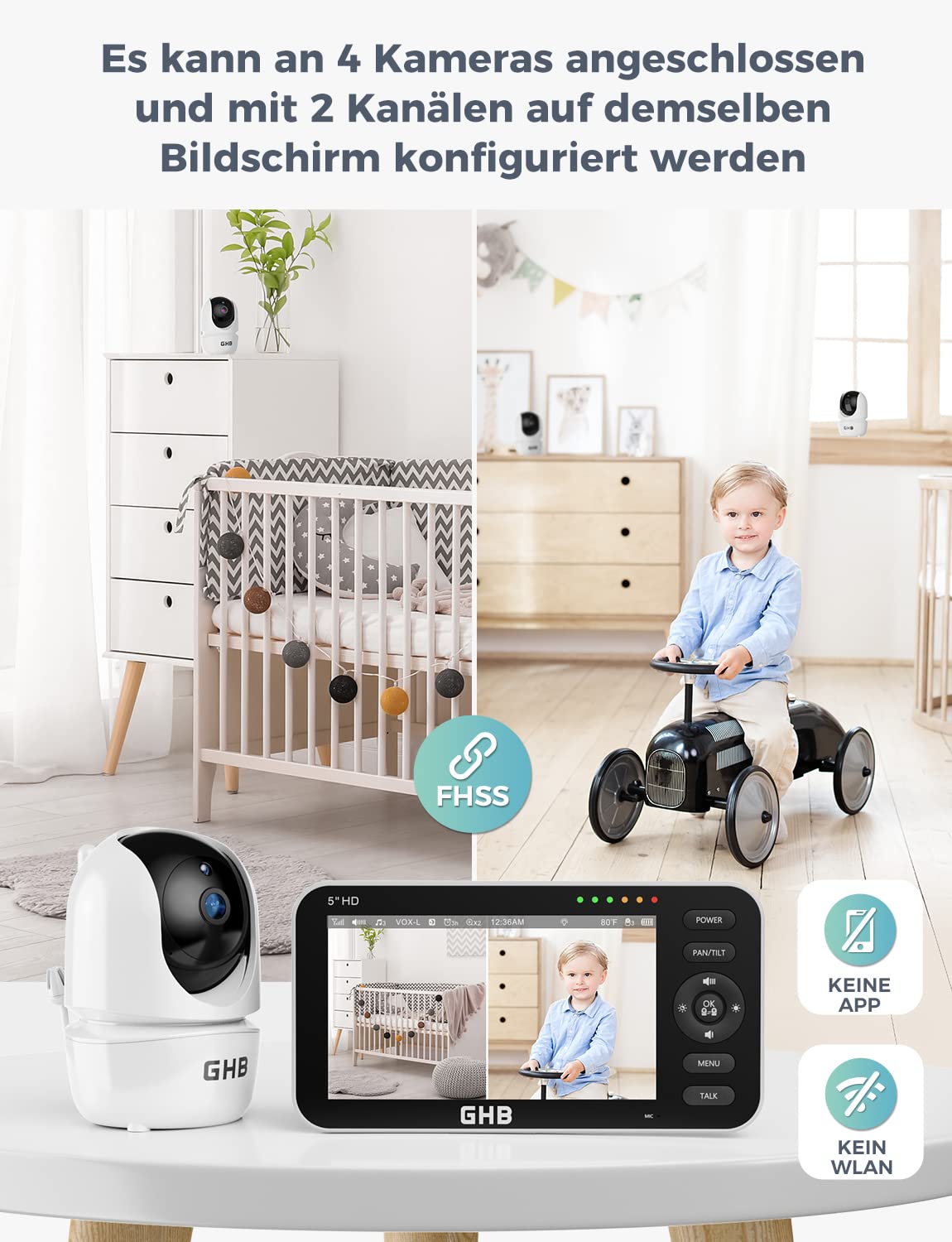 GHB Babyphone mit Kamera 5 Zoll 720P HD Display mit bis zu 168h Akkulaufzeit im VOX Schlafmodus Gegensprechen Nachtsicht und Temperaturanzeige