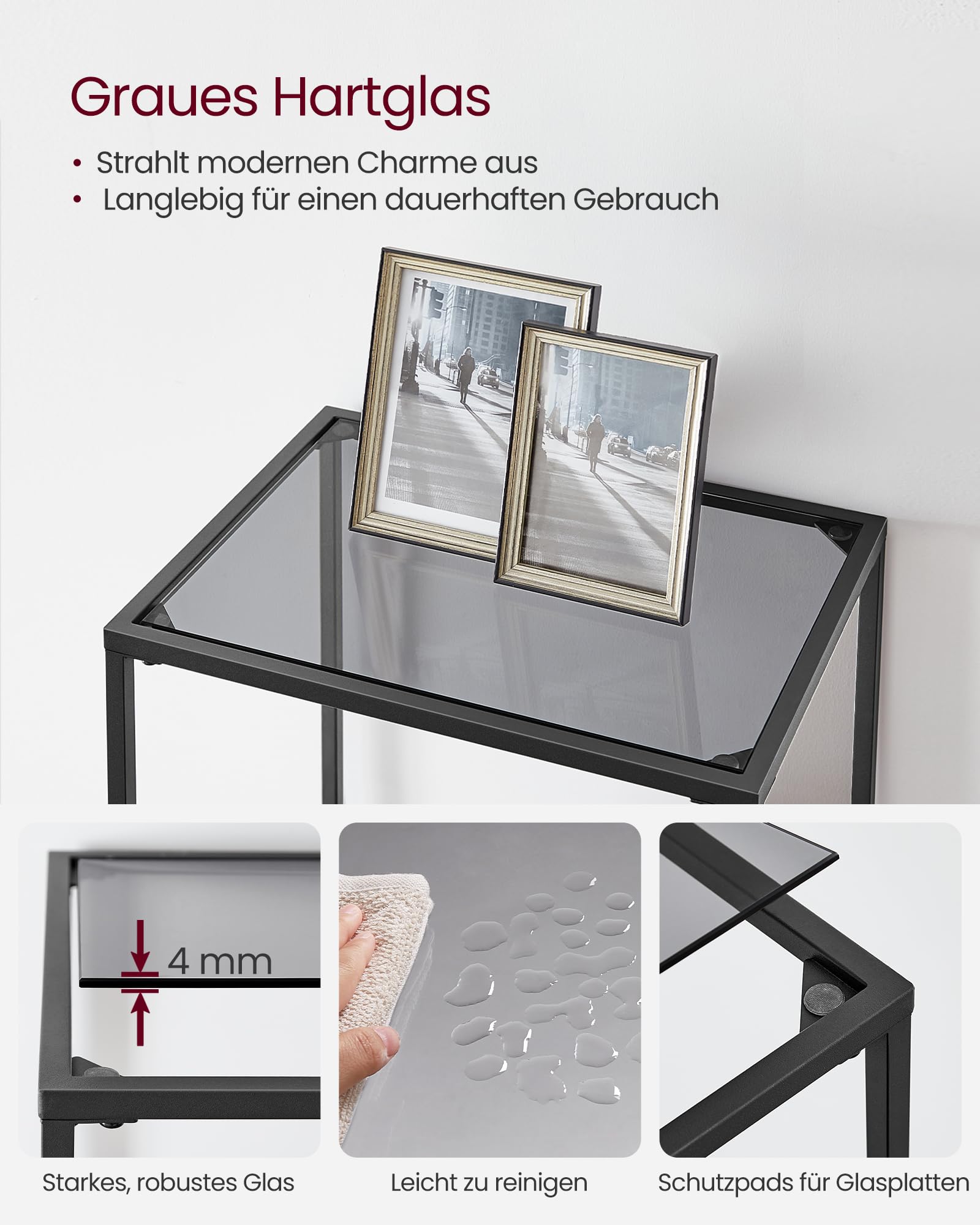 VASAGLE Badregal mit 6 Ablagen, gehärtetes Glas, einfache Montage für Badezimmer, Wohnzimmer, Küche, Büro, Schiefergrau, Schwarze Tinte LGT500G01