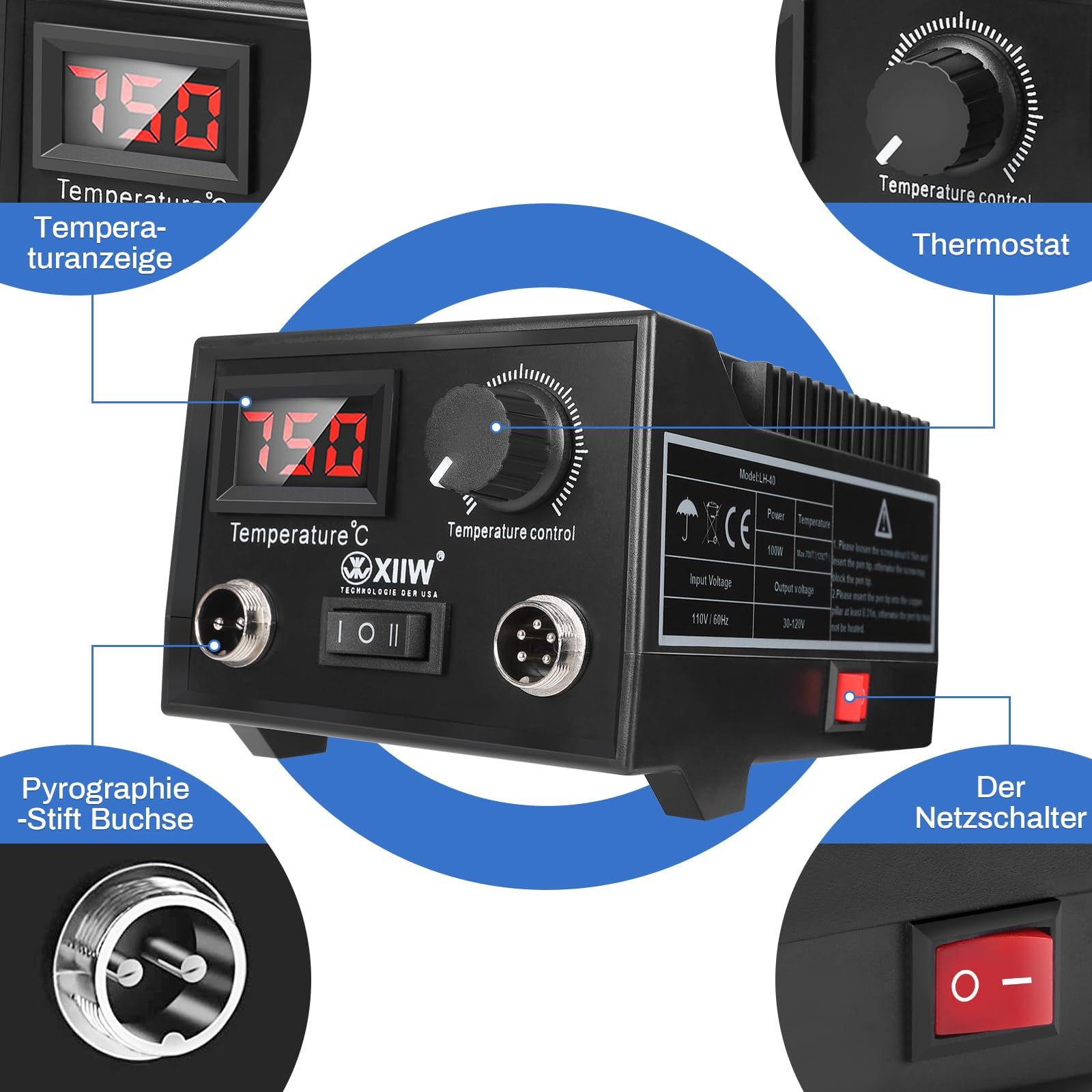 100W 165 teilig Brandmalstation, Brandmalerei und Lötkolben Satz, 5X Lötspitzen & 2X Stift, Holzbrenner Brennkolben Brandmalgeräte, Lötstation Lötset für Holz, Leder und Kork, Temperatur max. 750°C