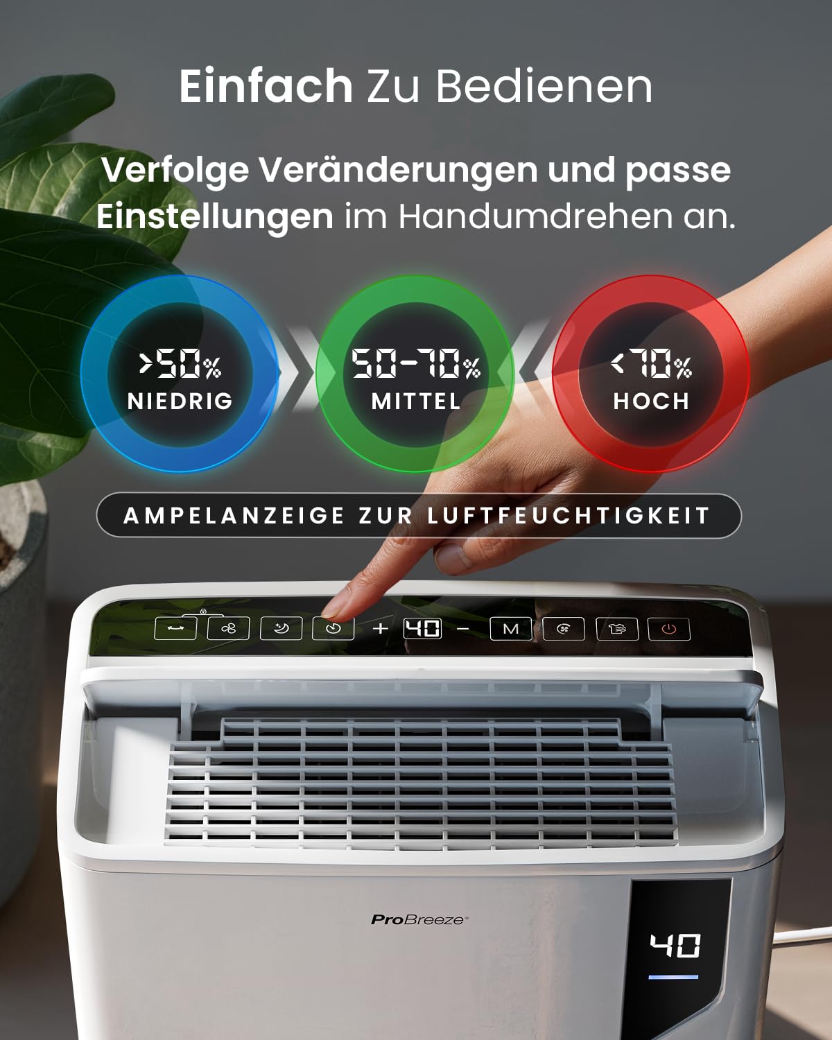 Pro Breeze 20L Smart Luftentfeuchter elektrisch - Luftentfeuchter mit Kompressor, Smart App Steuerung, Feuchtigkeitssensor, Luftfilter, Wäschemodus, Timer - Gegen Schimmel - Entfeuchter für bis 35m²