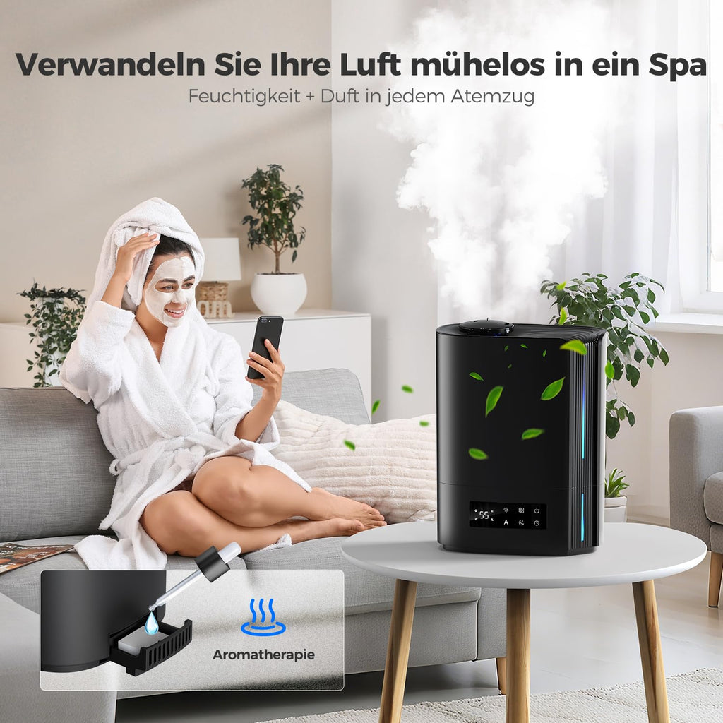 AROEVE 6L Luftbefeuchter Schlafzimmer, Aroma Diffusor, Ultraschall Top-Fill Luftbefeuchter für Baby Kinderzimmer, Pflanzen, 60h leise Raumbefeuchter, intelligente Luftfeuchtigkeitskontrolle, Schwarz