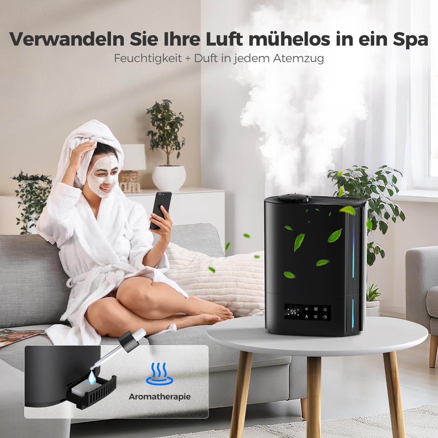 AROEVE 6L Luftbefeuchter Schlafzimmer, Aroma Diffusor, Ultraschall Top-Fill Luftbefeuchter für Baby Kinderzimmer, Pflanzen, 60h leise Raumbefeuchter, intelligente Luftfeuchtigkeitskontrolle, Schwarz
