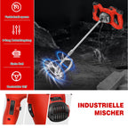 2600W Rot Rührwerk betonrührer, 6-Gang-Getriebe 0-1700U/min, M14 Spiralstange 60 cm, Farb-Mörtelrührer Ø120 mm, Handmischer für Mischgut Beton, Mörtel, Putz, Farbe, Kleber und Zement