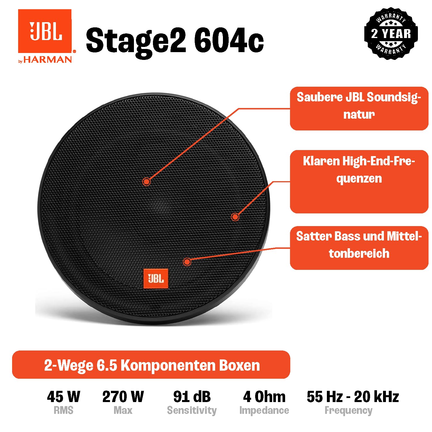 JBL Stage2 604C 2-Wege KFZ Soundsystem - 270 Watt Komponenten Auto Lautsprecher Boxen Set mit 16 cm Einbau Autolautsprecher und Hochtöner