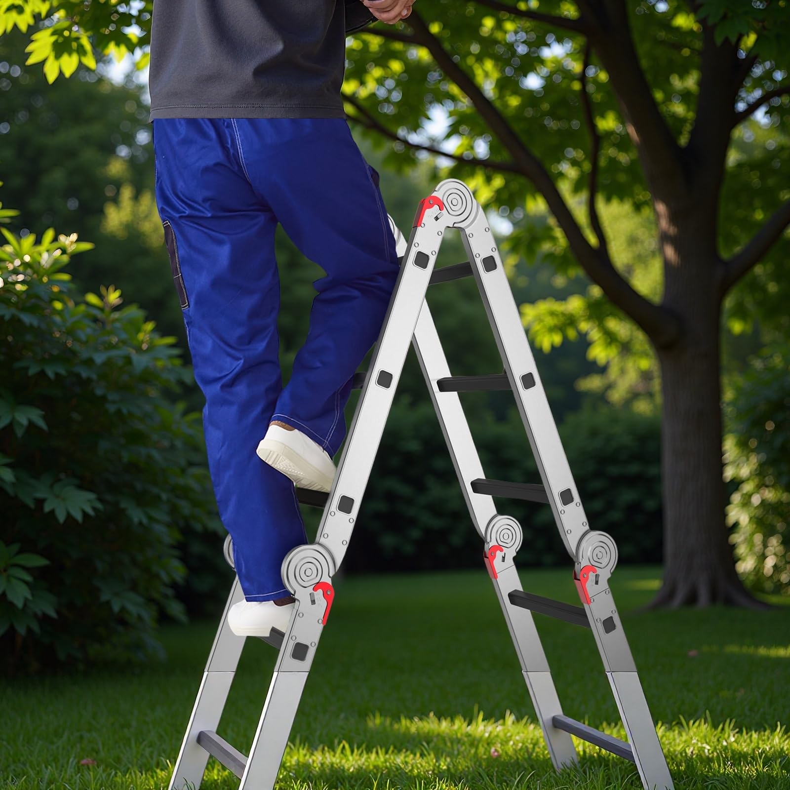 AMHANCIBLE Mehrzweckleiter, Leiter, 3.4M Aluleiter, 4 x 3 Stufen, Trittleiter, Haushaltsleiter, bis 150 kg,12 Stufen, in 6 Positionen, TÜV/GS Zertifiziert, Anti-Rutsch, Stabil und Robust EBAL01RD