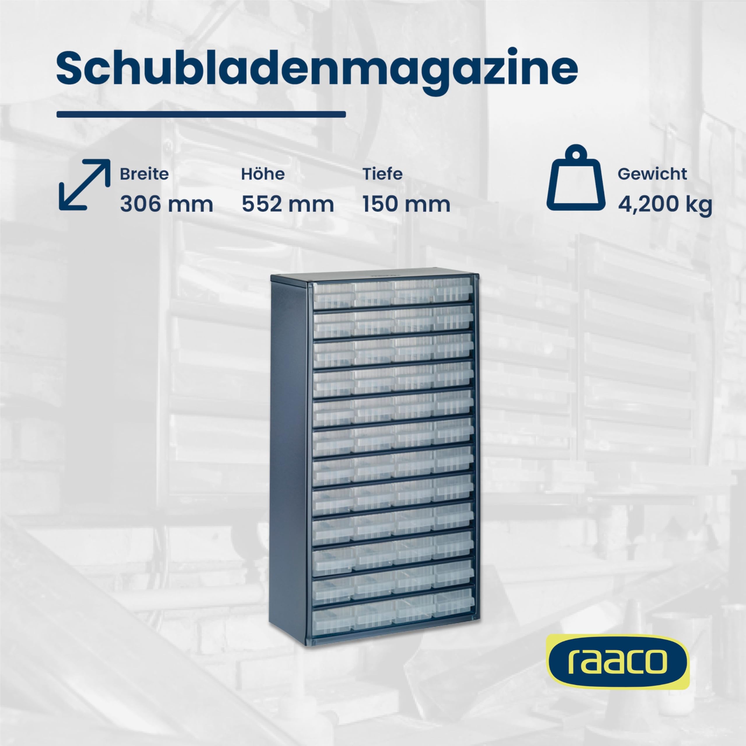 raaco Kleinteilemagazin C12-48 mit 48 Schubladen, Tragkraft 39.6 kg, 15 x 30.6 x 55.2 cm, geeignet für Wandmontage, Schraubenregal für Kleinteile für Werkstatt Ordnungssystem