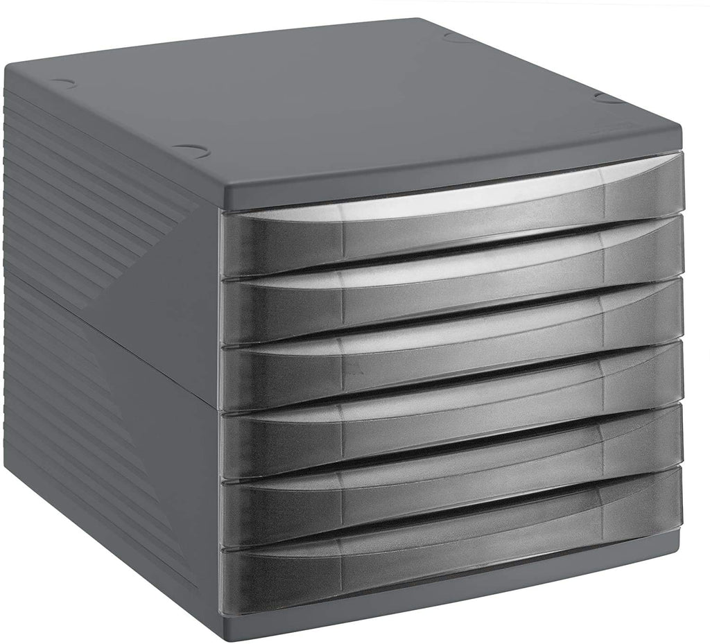 Rotho Quadra Schubladenbox / Bürobox mit 6 Schüben, Kunststoff (PS) BPA-frei, schwarz, (36.5 x 28.0 x 25.0 cm), Anthrazit