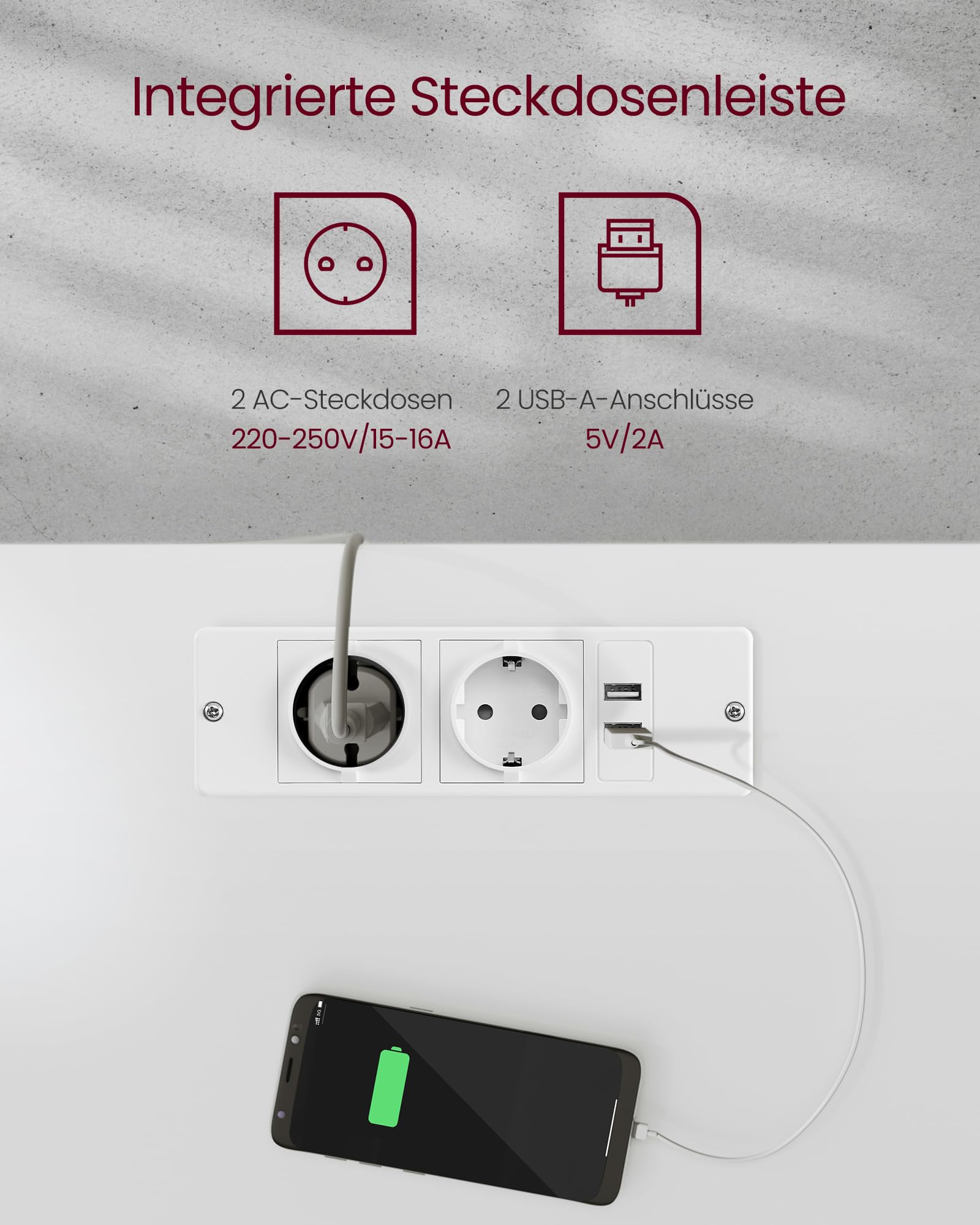 VASAGLE Höhenverstellbarer Schreibtisch elektrisch, 120 x 60 cm Tischoberfläche, Memory-Funktion mit 4 Höhen, mit Steckdosen und Stoffschubla, wolkenweiß-golichenfarben LSD112W01