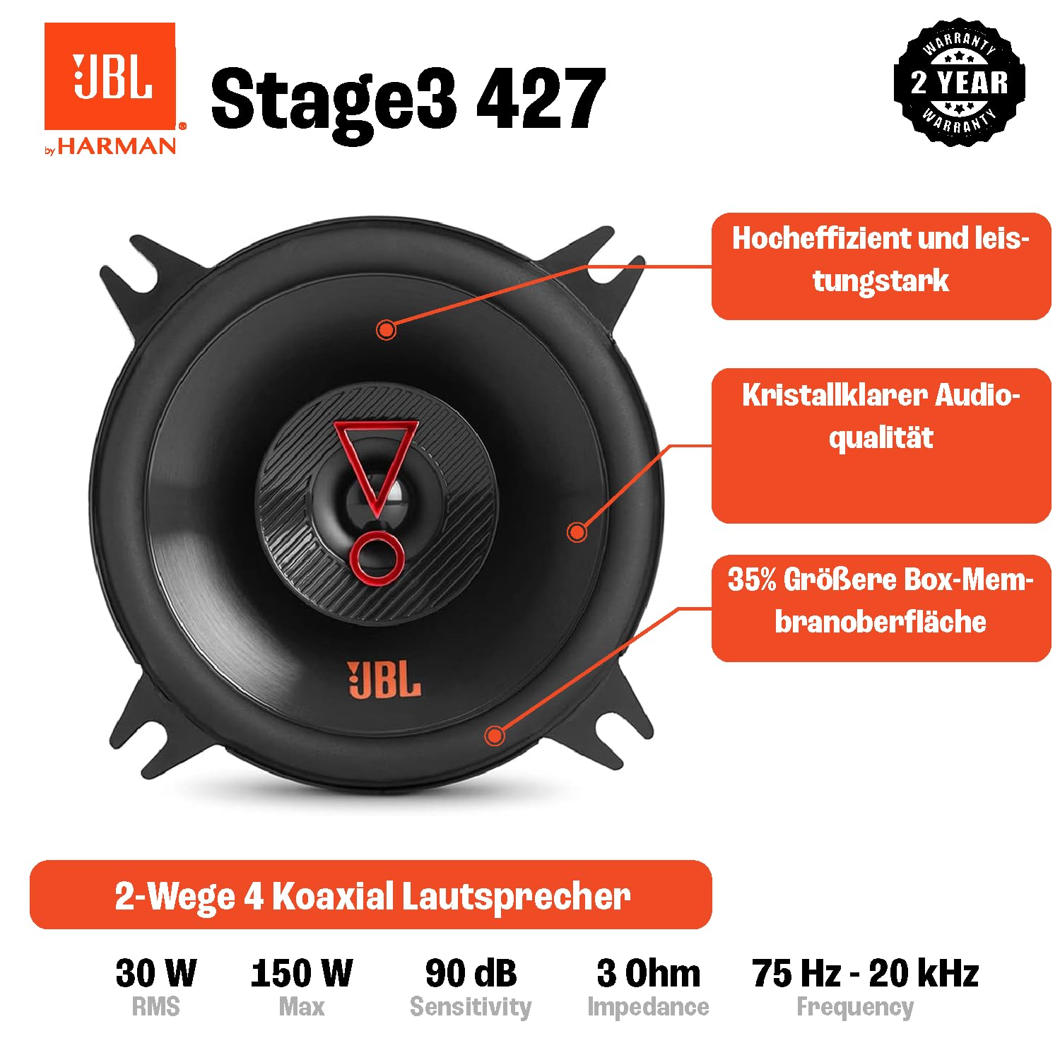 JBL Stage3 427 2-Wege Auto Lautsprecher Set von Harman Kardon - 150 Watt KFZ Autolautsprecher Boxen 10 cm