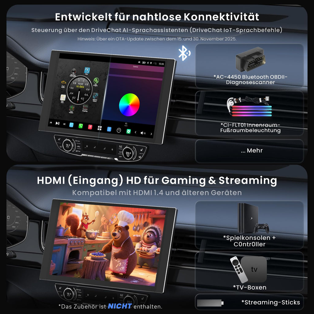 [12,5" QLED] ATOTOZONE AI Android Autoradio mit 1 DIN & Doppel DIN, 8G+128G, Flexview-Display, 7.1.2 CH Audio, 4G LTE,Wireless CarPlay&Android Auto,36B-EQ, Dualband-WLAN, mit 2 Dashcams,X10G125E-R3