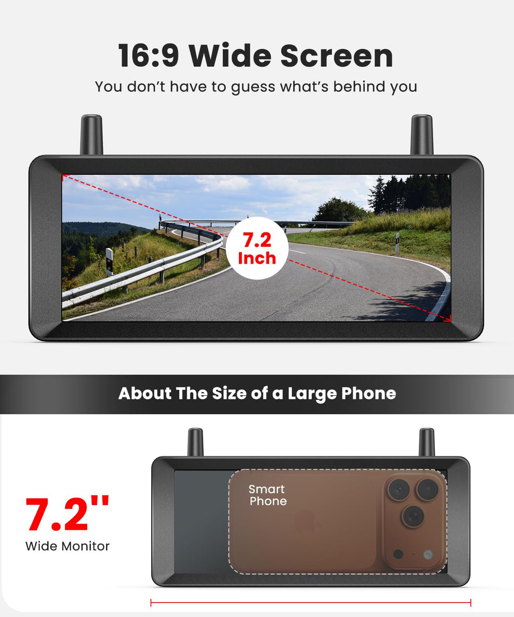 Solar Rückfahrkamera Kabellose 2-Kamera System: 2-Min Installation, 7,2“ 1080P HD Split-Screen Monitor mit Dual-Antennen, Stabile Signal, IP69K wasserdichte Rückfahrkameras für LKW, Wohnmobil, Camper
