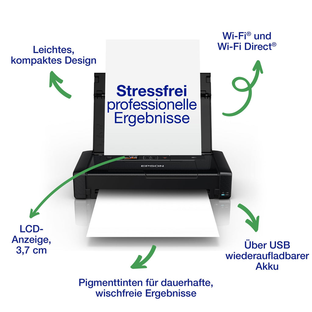 Epson WorkForce WF-110W tragbarer Tintenstrahldrucker (DIN A4, WiFi Direct, Drucker, mobiles Drucken, USB, integrierter Akku, nur 1,6 kg Gewicht) schwarz