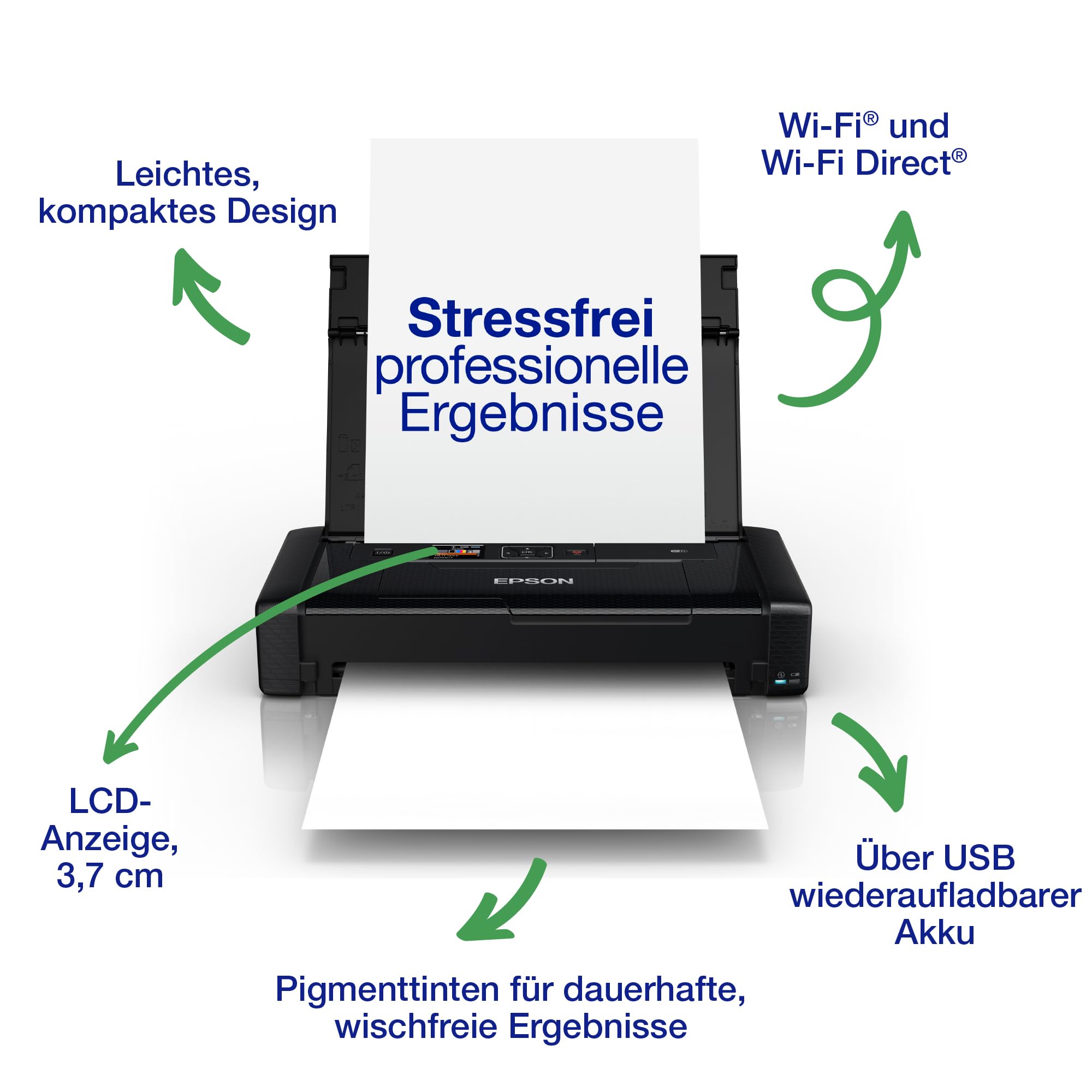 Epson WorkForce WF-110W tragbarer Tintenstrahldrucker (DIN A4, WiFi Direct, Drucker, mobiles Drucken, USB, integrierter Akku, nur 1,6 kg Gewicht) schwarz