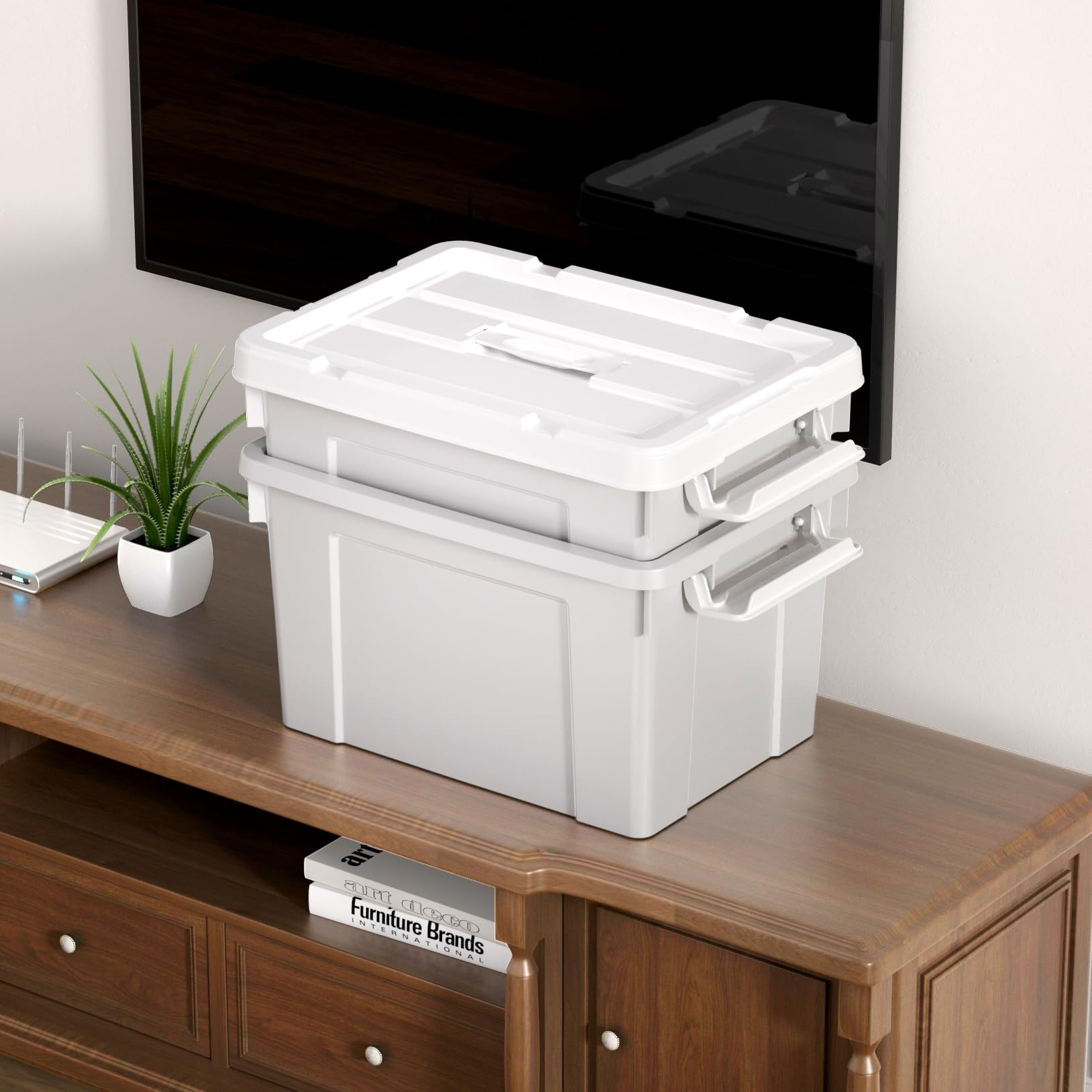 Cetomo 20L*6 Aufbewahrungsboxen, Tragbare Plastikboxen mit Deckeln, Organizer-Behälter mit Griff und Clips, Stapelbar, Ineinander Nestbar, für Zuhause und Büro, Grau, 20L-6er Pack