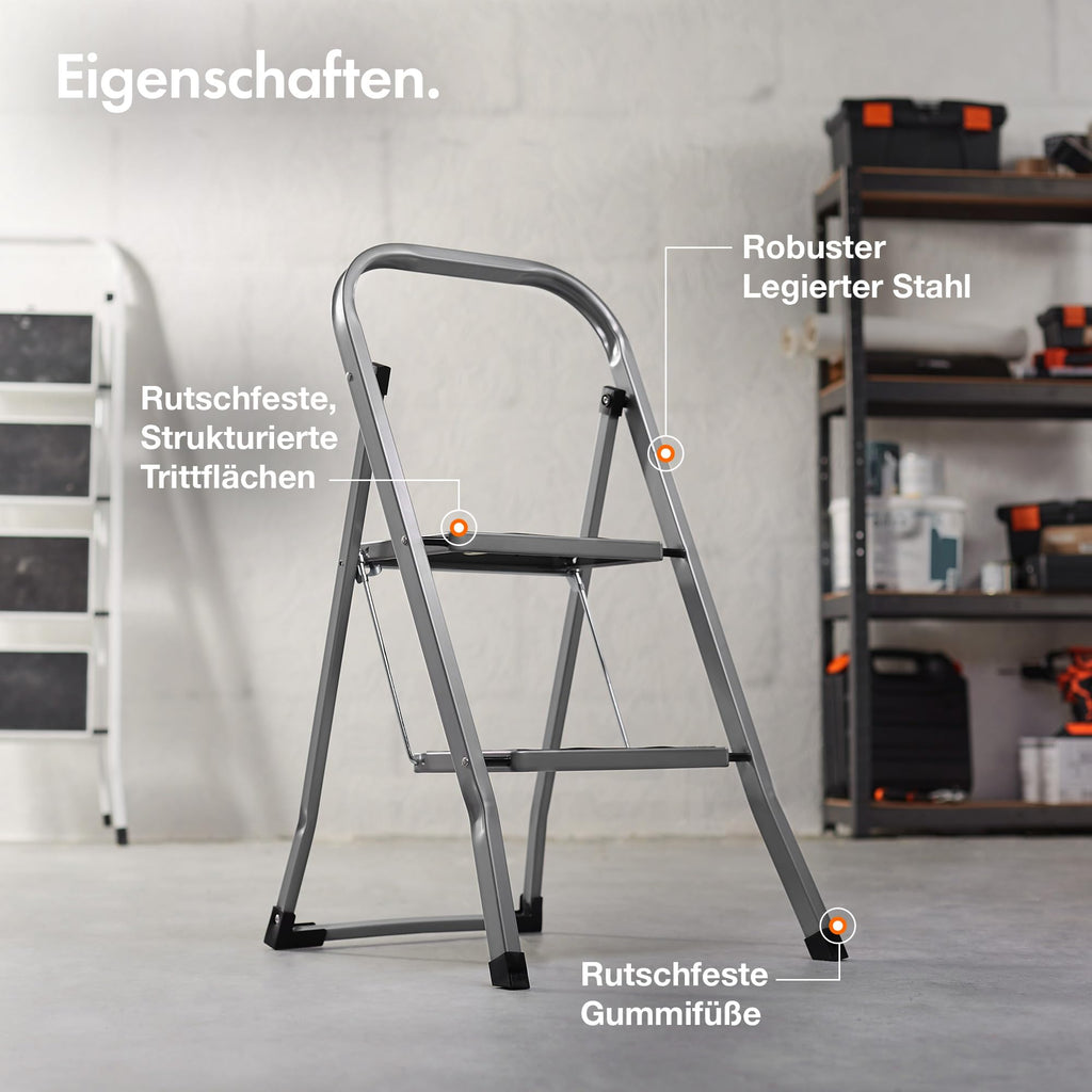 VonHaus Trittleiter 2 Stufen Klappbar - Treppenleiter mit Anti-Rutsch-Füßen, Einfache Aufbewahrung, Belastbar bis 150kg - Hochwertige, Robuste Stahl Stahlleiter für Heimwerker- und Gartenprojekte