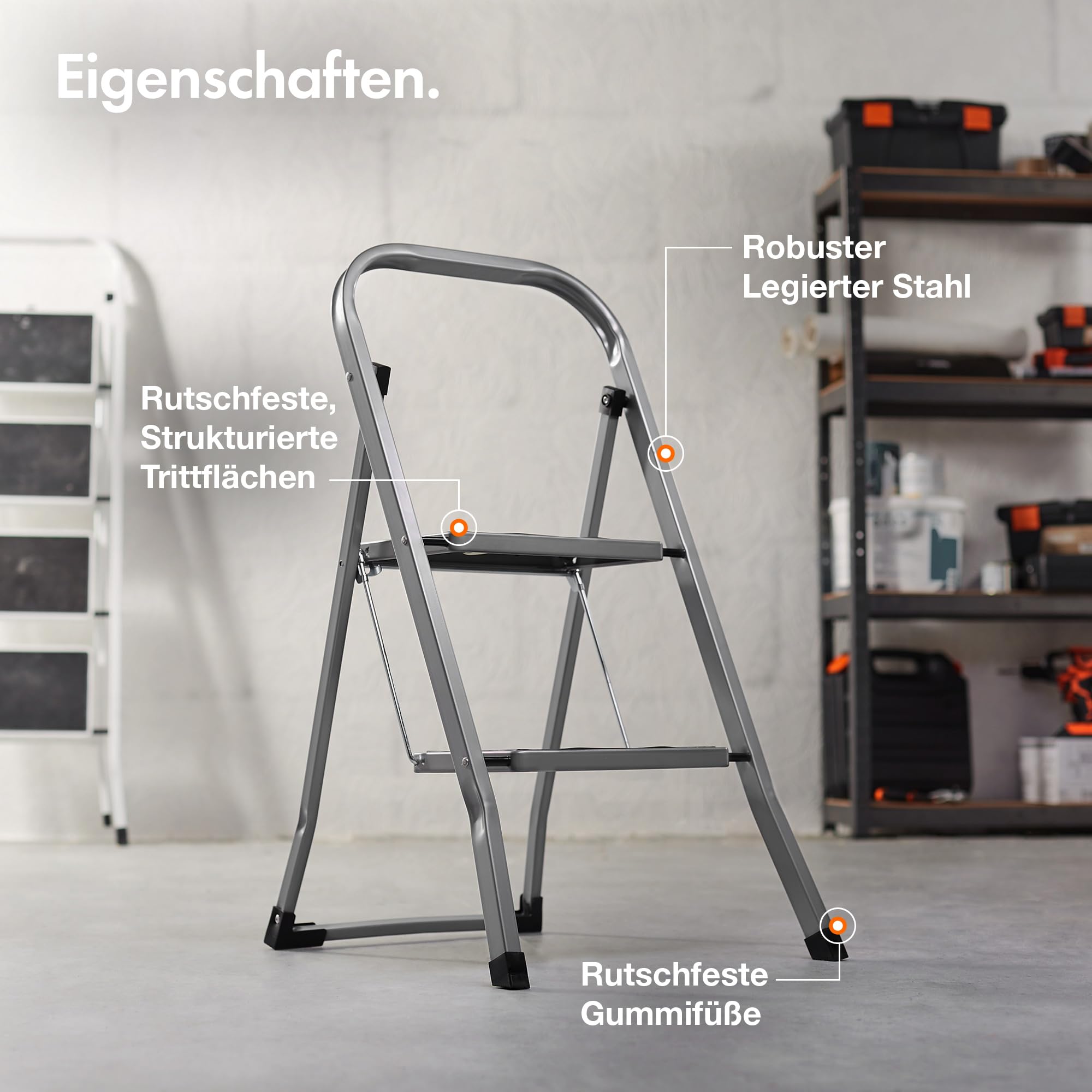 VonHaus Trittleiter 2 Stufen Klappbar - Treppenleiter mit Anti-Rutsch-Füßen, Einfache Aufbewahrung, Belastbar bis 150kg - Hochwertige, Robuste Stahl Stahlleiter für Heimwerker- und Gartenprojekte