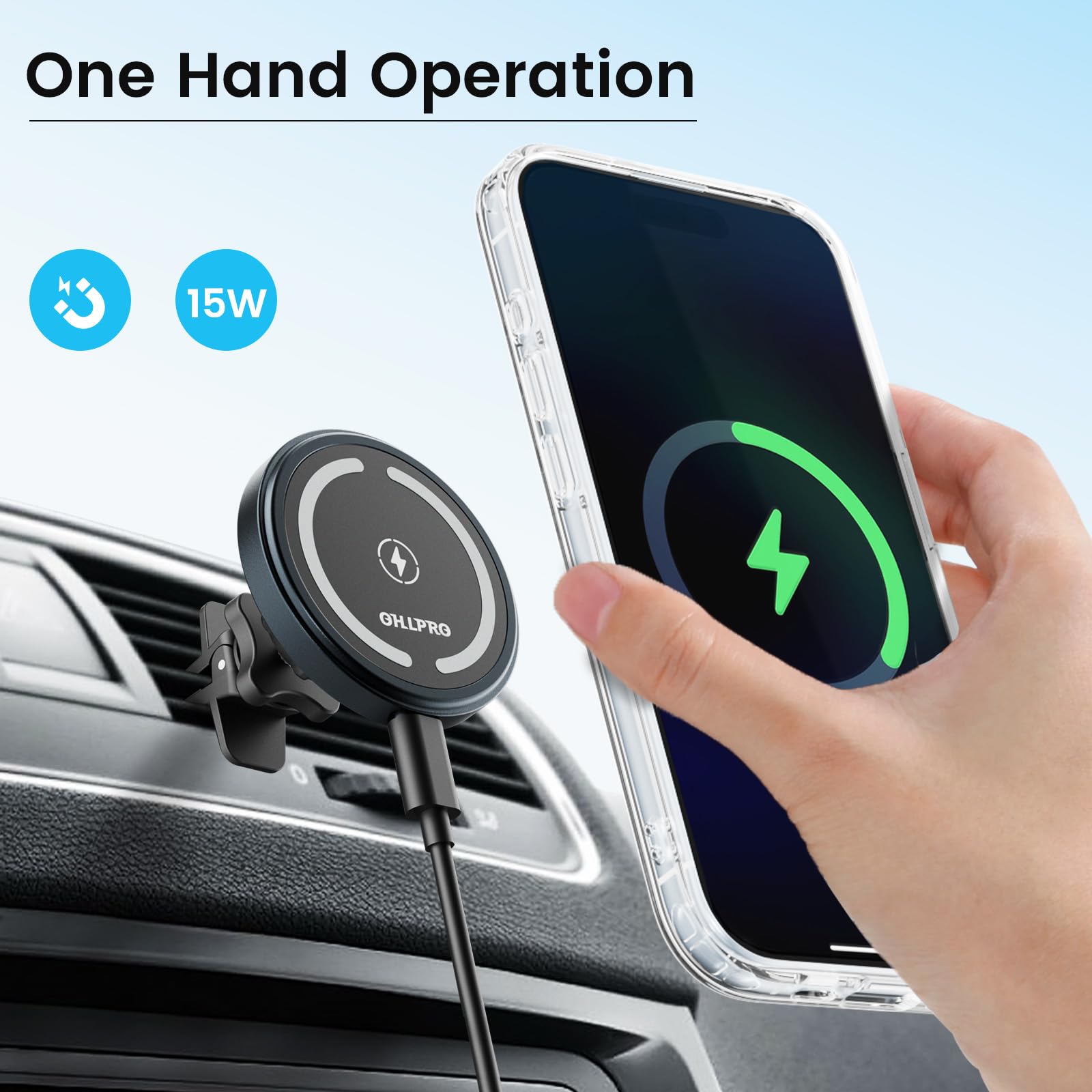 OHLPRO Magsafe Autohalterung mit Ladefunktion, 15W Schnellladegerät Handyhalterung Auto Magnet für iPhone 17 16 15 14 13 12 Pro Max Plus, Induktive Ladestation für Armaturenbrett & Lüftung, Grau