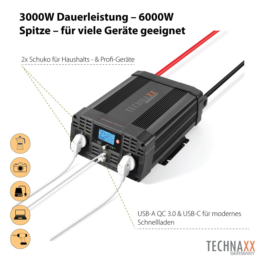 Technaxx KFZ Wechselrichter 12V auf 230V Reiner Sinus 3000W/6000W –TÜV-zertifizierter Auto Spannungswandler mit LC-Display, 2X Schuko&USB-A QC 3.0 + USB-C – Inverter für Wohnmobil, Camping, Boot–TE23