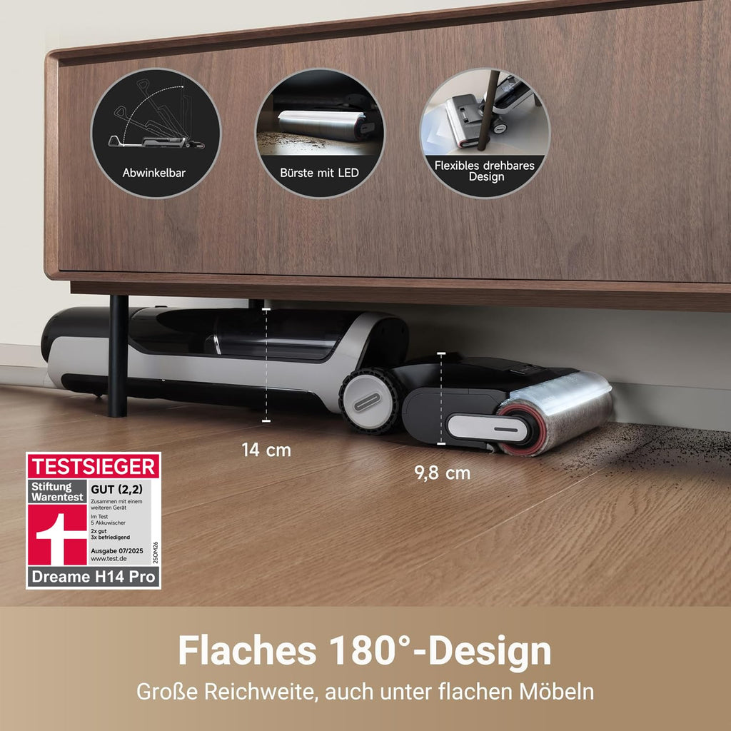 dreame H14 Pro Nass- und Trockensauger, 180° Lie-Flat, 60 °C Bürstenpflege, 5-min Trocknung, automatische Lösungsmittelverteilung, App-Steuerung, Doppelrotationsbürste, 18.000Pa Saugkraft, Doppelkante