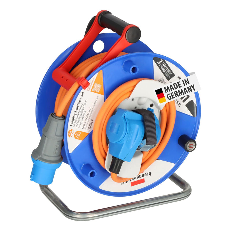 Brennenstuhl Camping-Kabeltrommel / CEE 230V Kabeltrommel 25m (H07RN-F 3G2,5 in orange, CEE-Winkelkupplung inkl. Schutzkontakt-Kombisteckdose, für den ständigen Einsatz außen IP44, Made in Germany)