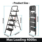 BONTEC Trittleiter 4 Stufen Klappbar, 150kg Kapazität mit Breiten Anti-Rutsch-Pedalen, Faltbarer Stahl-Tritthocker, Schwamm-Lenker, Zuhause, Speisekammer, Innen- und Außenbereich, Schwarz