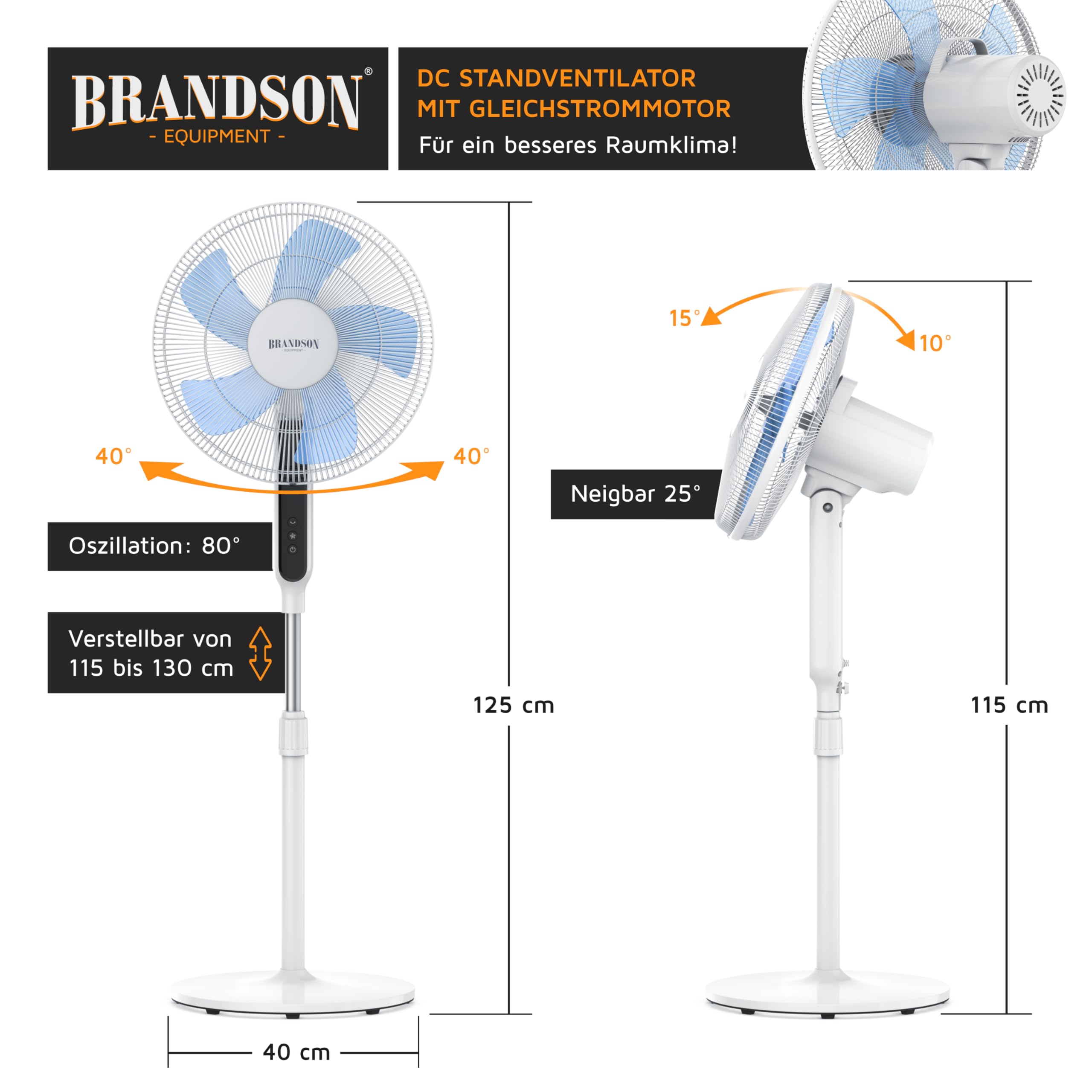 Brandson - DC Standventilator energiesparend ECO - Fernbedienung - Brushless Silent Motor, sehr leise – Preisträger 2025-80° Oszillation - Ventilator Timer – 12 Stufen - LED Display