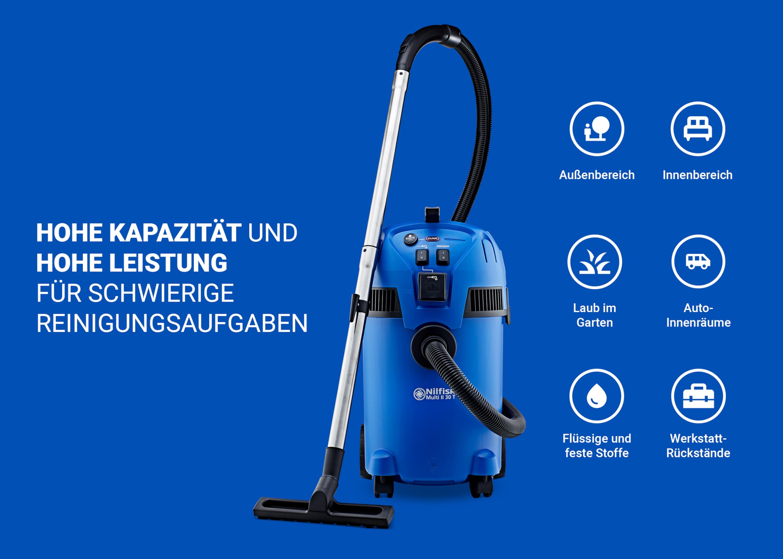 Nilfisk Multi II 30L T Nass Trockensauger mit Steckdose - Staubsauger für Werkstatt, Haus, Garten und Auto (1400 W)